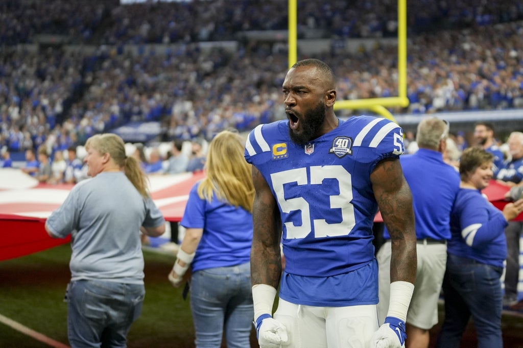 Indianapolis Colts linebacker Shaquille Leonard gets pumped on the sideline Sunday, Sept. 10, 2023, before a game against the Jacksonville Jaguars at Lucas Oil Stadium.