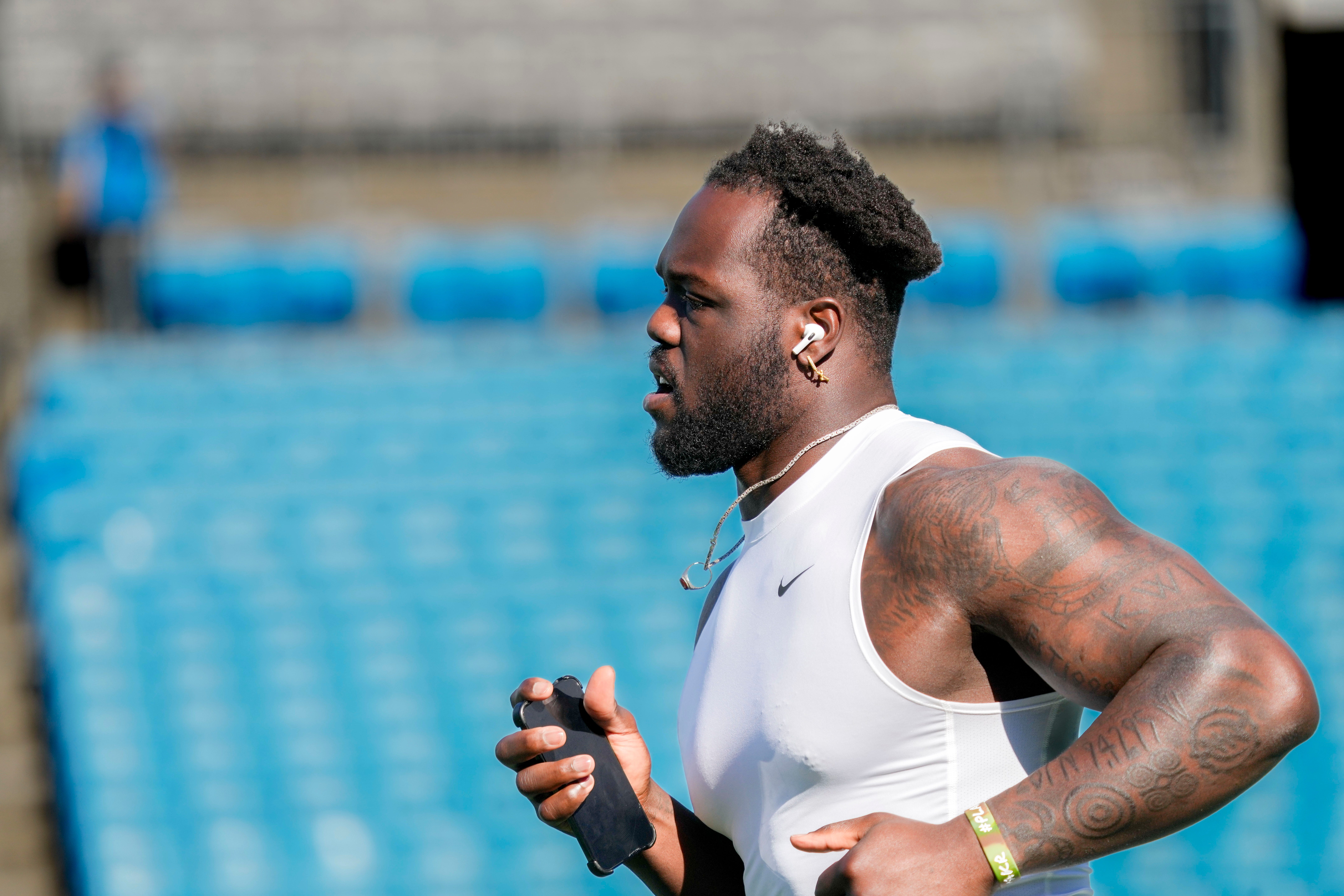 Indianapolis Colts defensive end Kwity Paye (51) warms up Sunday, Nov. 5, 2023, ahead of a game against the Carolina Panthers at Bank of America Stadium in Charlotte.