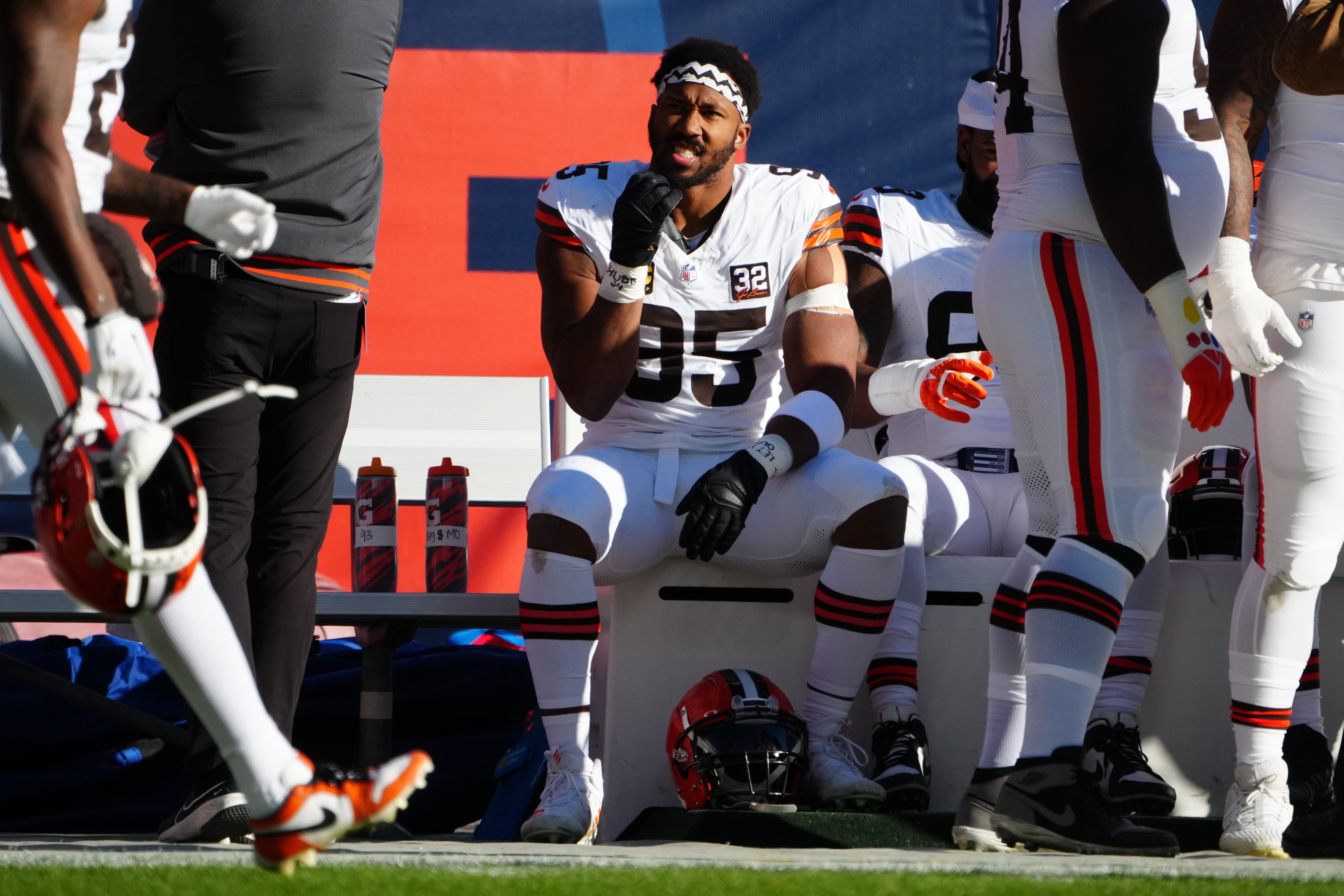 Nov 26, 2023; Denver, Colorado, USA; Cleveland Browns defensive end Myles Garrett (95) sits on the bench in the second half against the Denver Broncos at Empower Field at Mile High. Mandatory Credit: Ron Chenoy-USA TODAY Sports