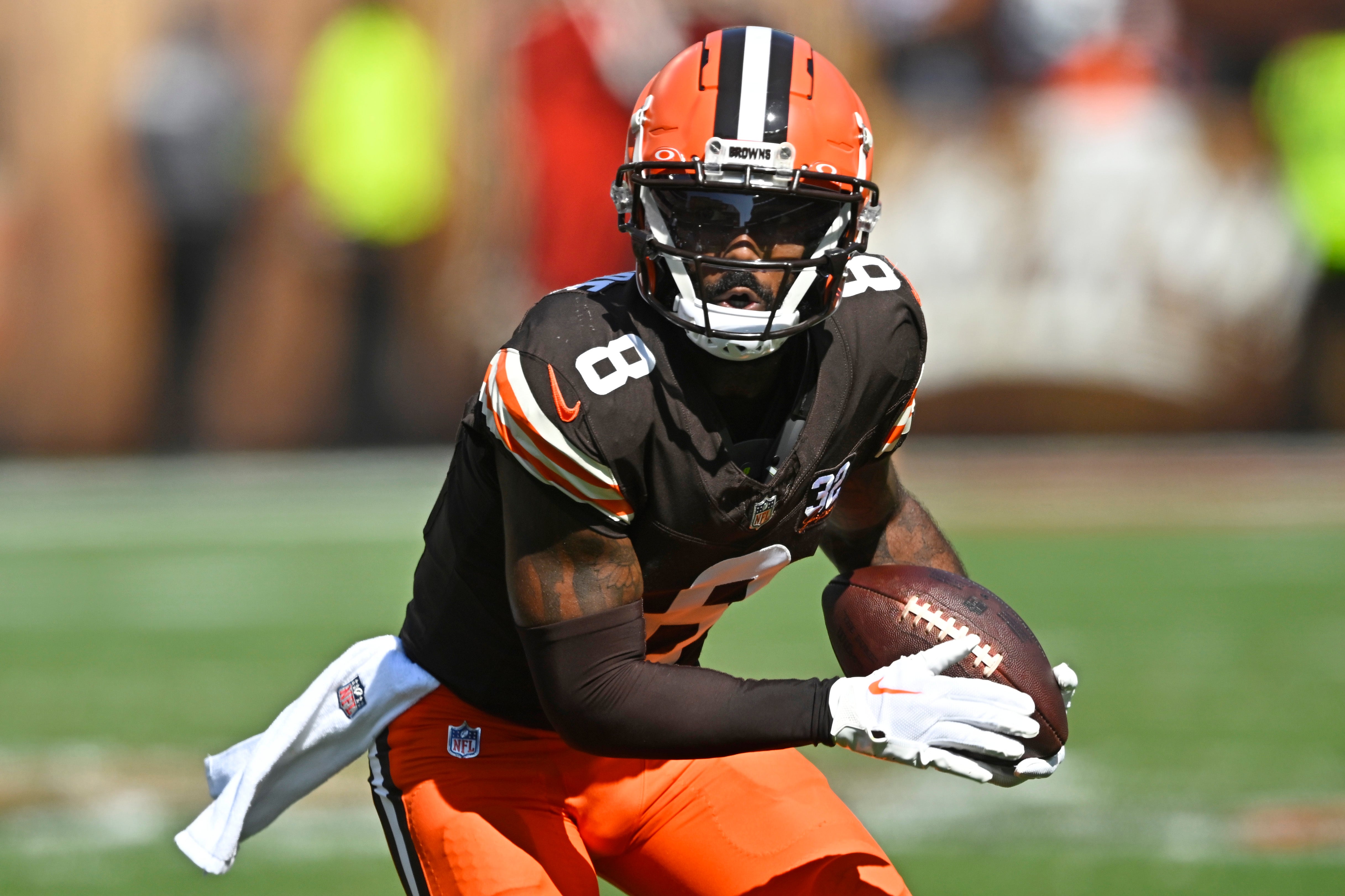 Oct 1, 2023; Cleveland, Ohio, USA; Cleveland Browns wide receiver Elijah Moore (8) runs with the ball in the first quarter against the Baltimore Ravens at Cleveland Browns Stadium. Mandatory Credit: David Richard-USA TODAY Sports