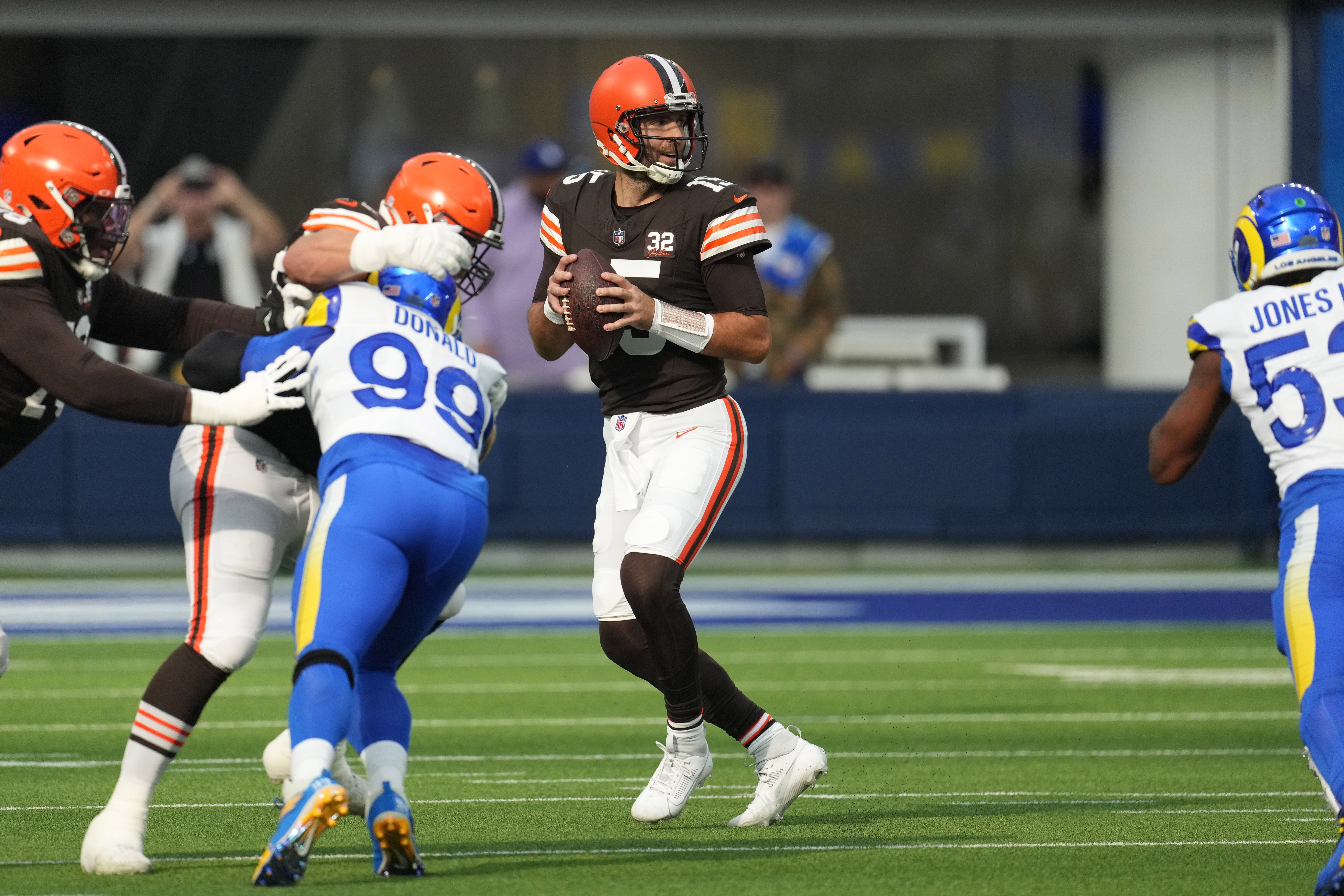 Dec 3, 2023; Inglewood, California, USA; Cleveland Browns quarterback Joe Flacco (15) throws the ball against the Los Angeles Rams in the first half at SoFi Stadium. Mandatory Credit: Kirby Lee-USA TODAY Sports