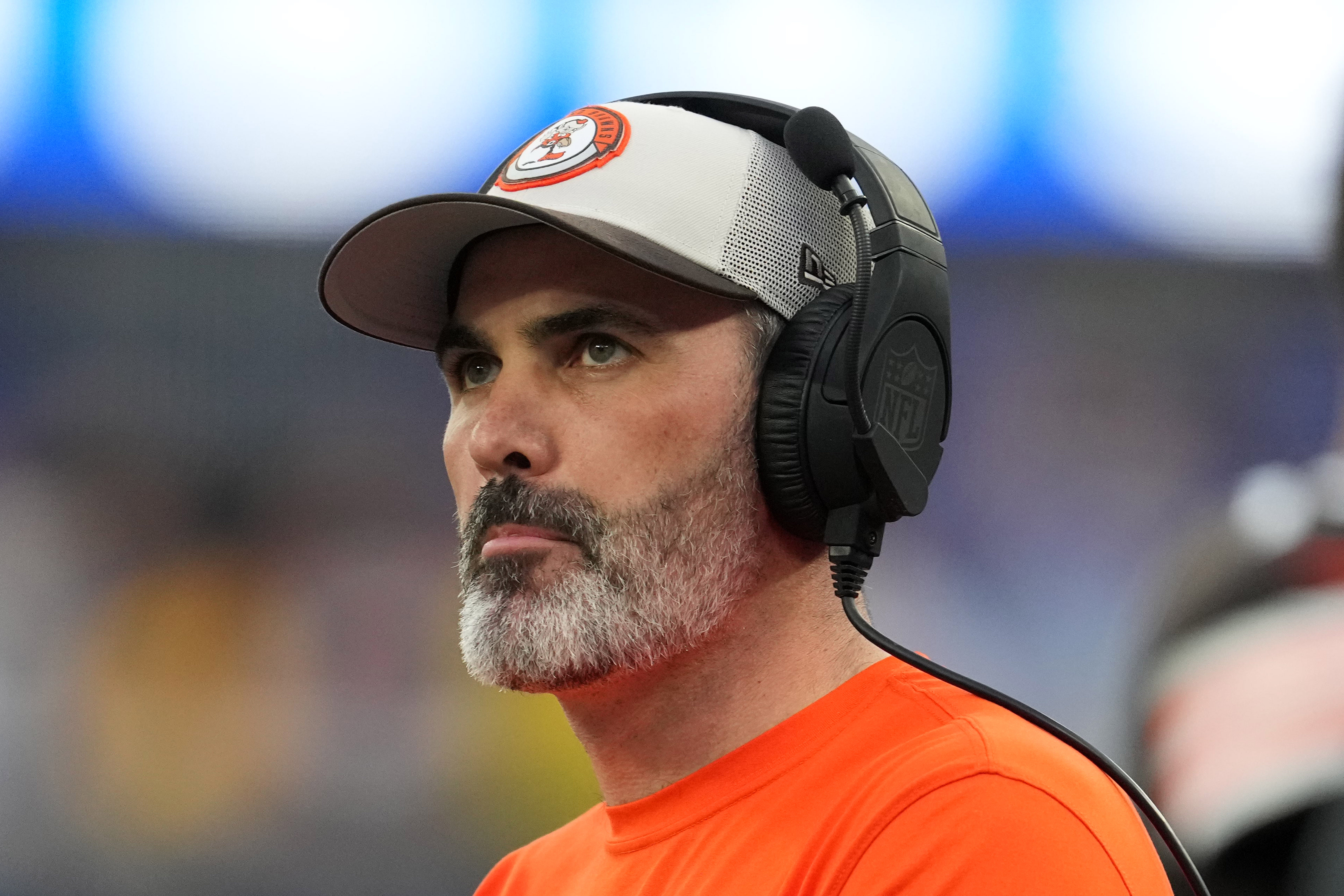 Dec 3, 2023; Inglewood, California, USA; Cleveland Browns coach Kevin Stefanski watches from the sidelines against the Los Angeles Rams in the first half at SoFi Stadium. Mandatory Credit: Kirby Lee-USA TODAY Sports