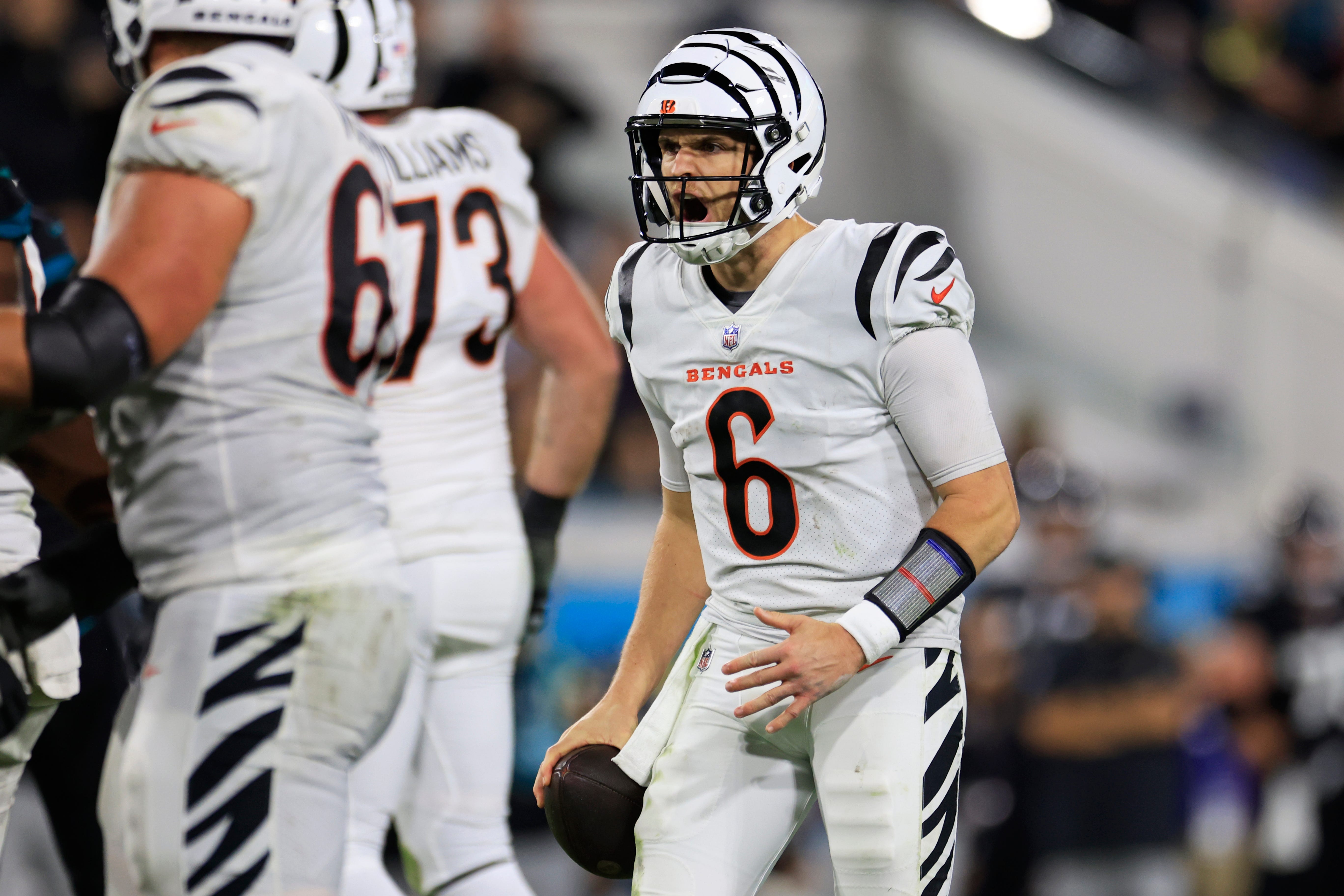 Cincinnati Bengals quarterback Jake Browning (6) reacts to a false start penalty on the offense during the fourth quarter of a regular season NFL football matchup Monday, Dec. 4, 2023 at EverBank Stadium in Jacksonville, Fla. The Cincinnati Bengals defeated the Jacksonville Jaguars 34-31 in overtime.