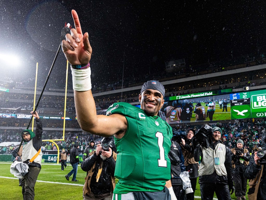 Philadelphia Eagles quarterback Jalen Hurts reacts after a victory against the Buffalo Bills at Lincoln Financial Field.