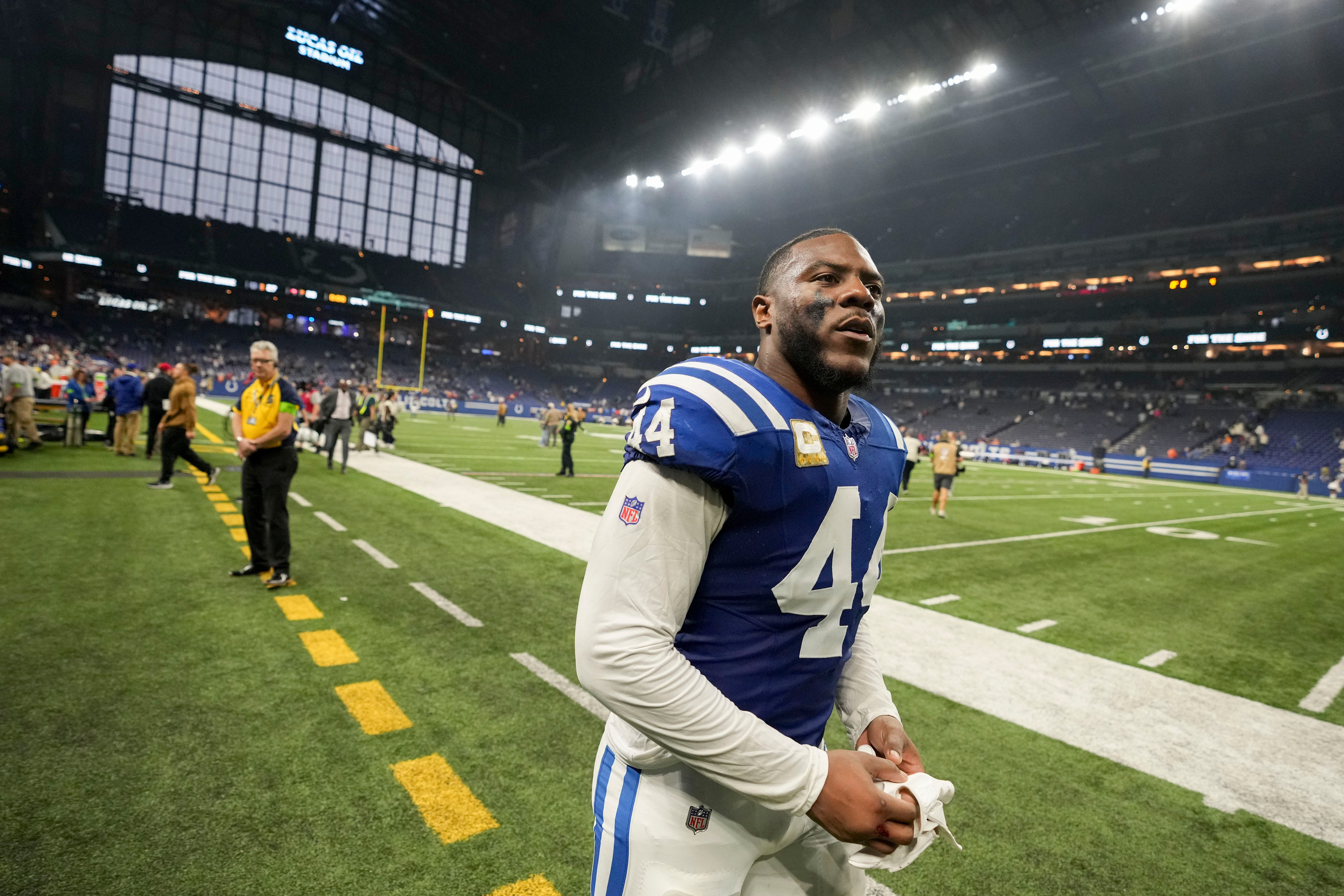 Indianapolis Colts linebacker Zaire Franklin (44) leaves the field Sunday, Nov. 26, 2023, after defeating the Tampa Bay Buccaneers at Lucas Oil Stadium in Indianapolis.
