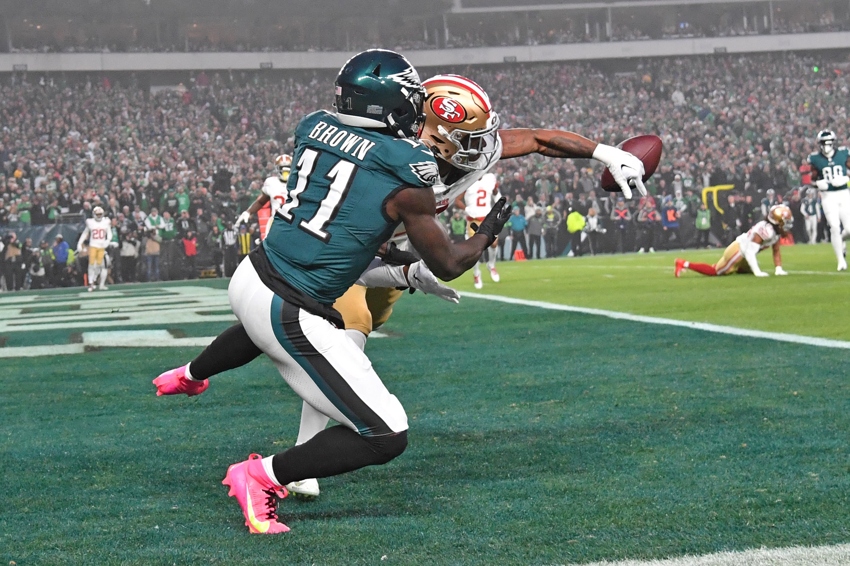 Dec 3, 2023; Philadelphia, Pennsylvania, USA; San Francisco 49ers cornerback Charvarius Ward (7) breaks up pass intended fro Philadelphia Eagles wide receiver A.J. Brown (11) during first quarter at Lincoln Financial Field.