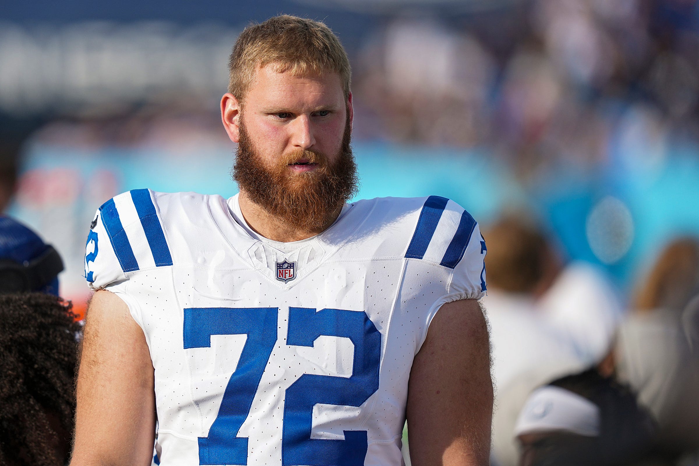 Indianapolis Colts offensive tackle Braden Smith (72) walks the sidelines Sunday, Dec. 3, 2023, during a game against the Tennessee Titans at Nissan Stadium in Nashville, Tenn.
