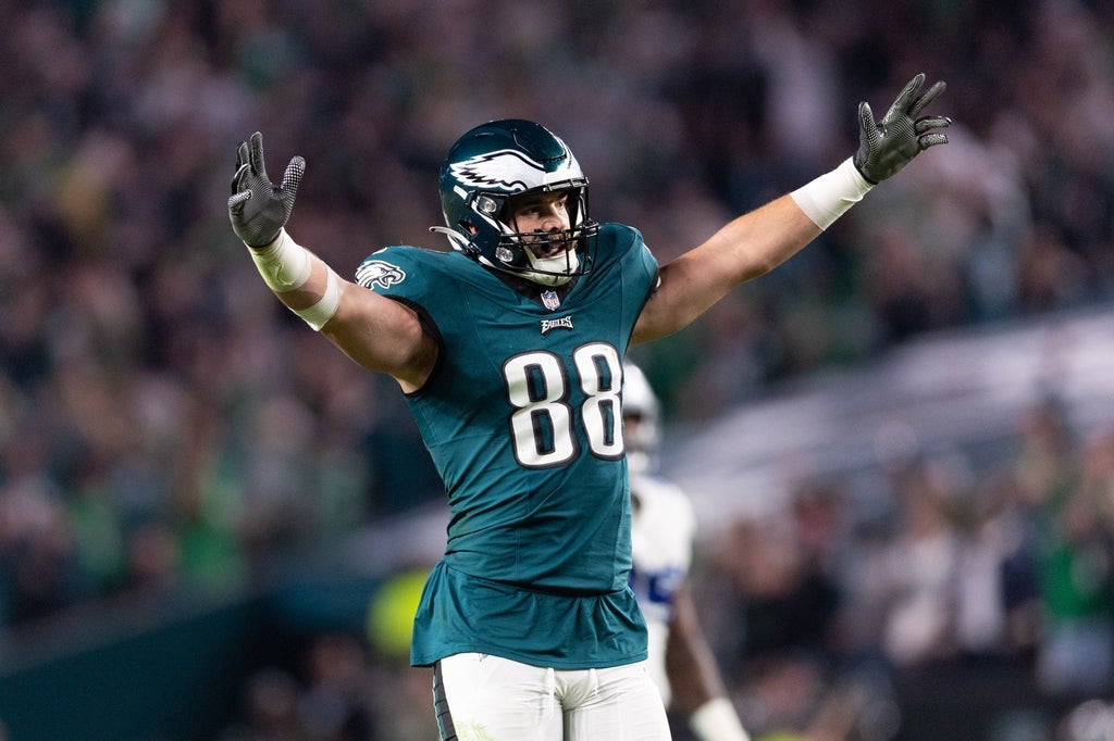 Philadelphia Eagles tight end Dallas Goedert reacts to a touchdown against the Dallas Cowboys during the third quarter at Lincoln Financial Field.