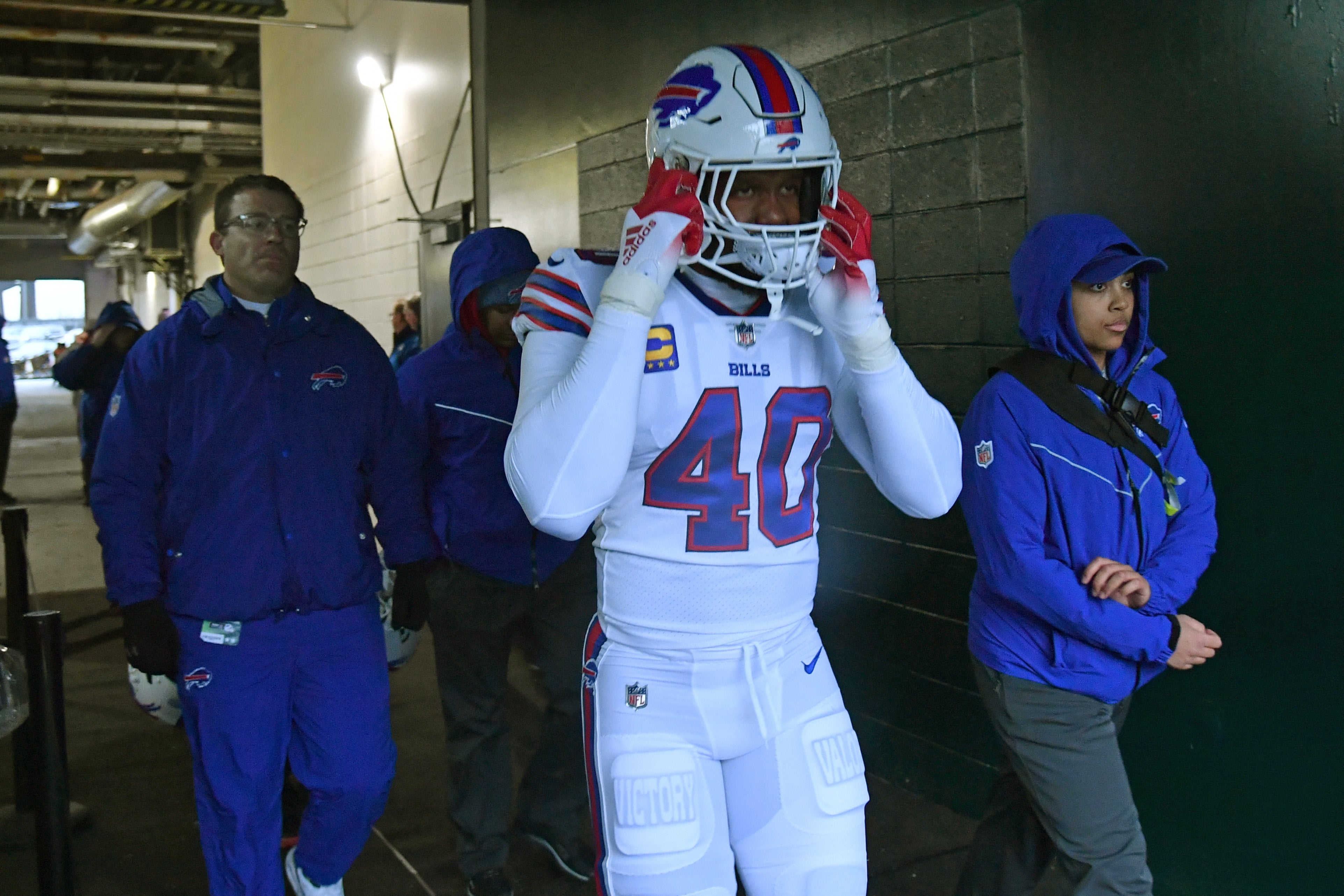 Buffalo Bills linebacker Von Miller in the tunnel against the Philadelphia Eagles at Lincoln Financial Field