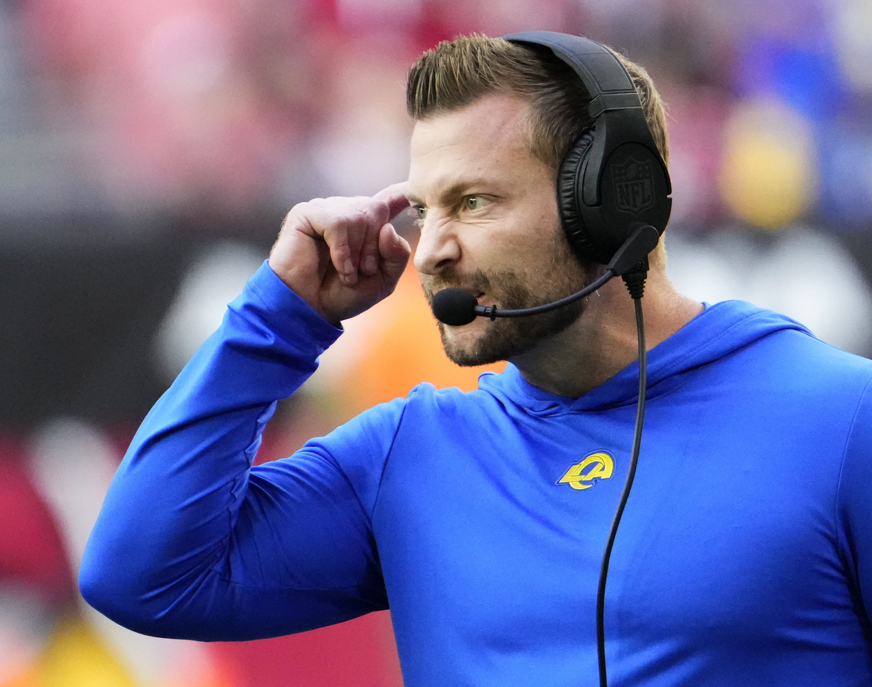Los Angeles Rams head coach Sean McVay reacts during action against the Arizona Cardinals in the first half at State Farm Stadium in Glendale on Nov. 26, 2023.
