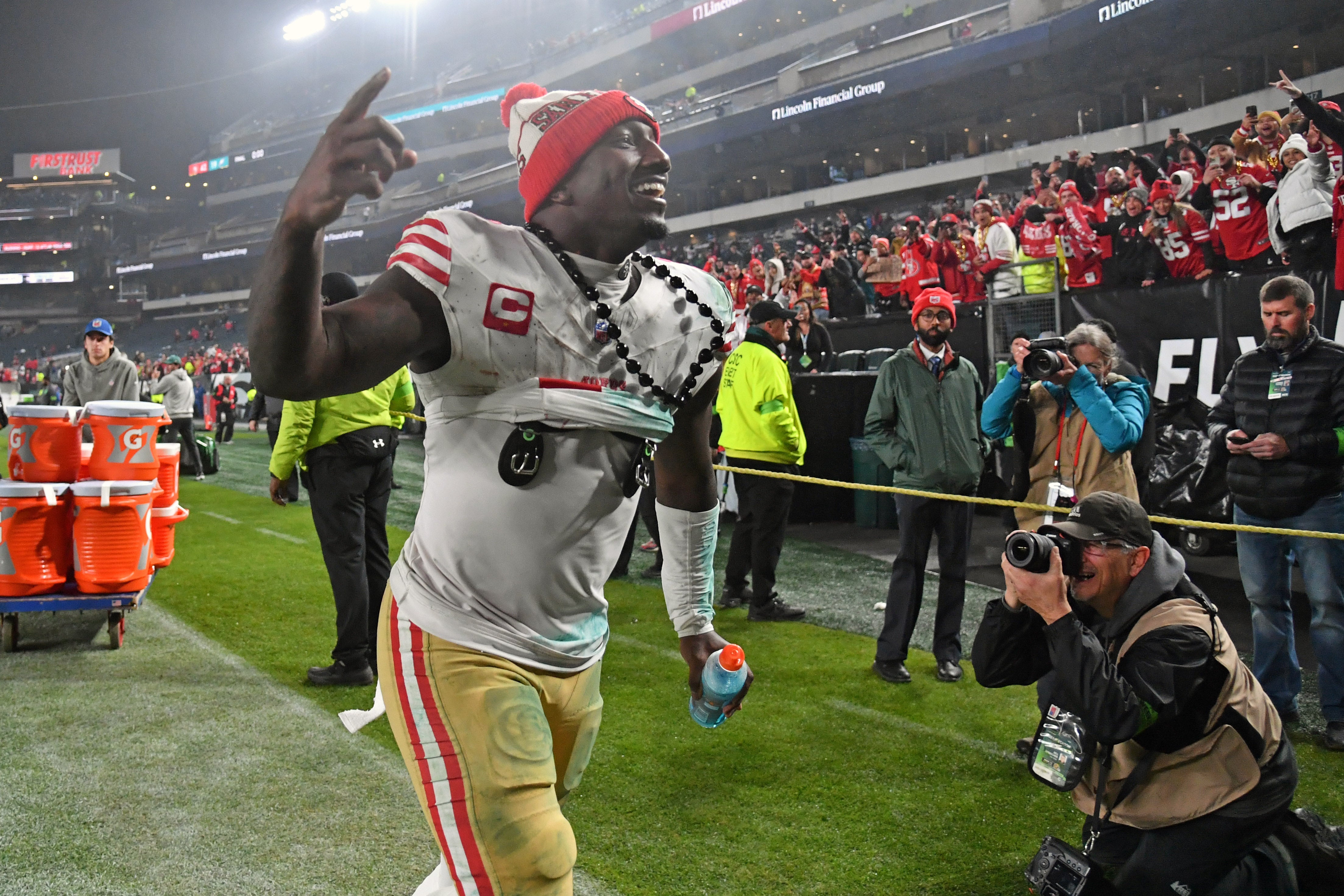 Dec 3, 2023; Philadelphia, Pennsylvania, USA; San Francisco 49ers wide receiver Deebo Samuel (19) walks off the field after win against the Philadelphia Eagles at Lincoln Financial Field.