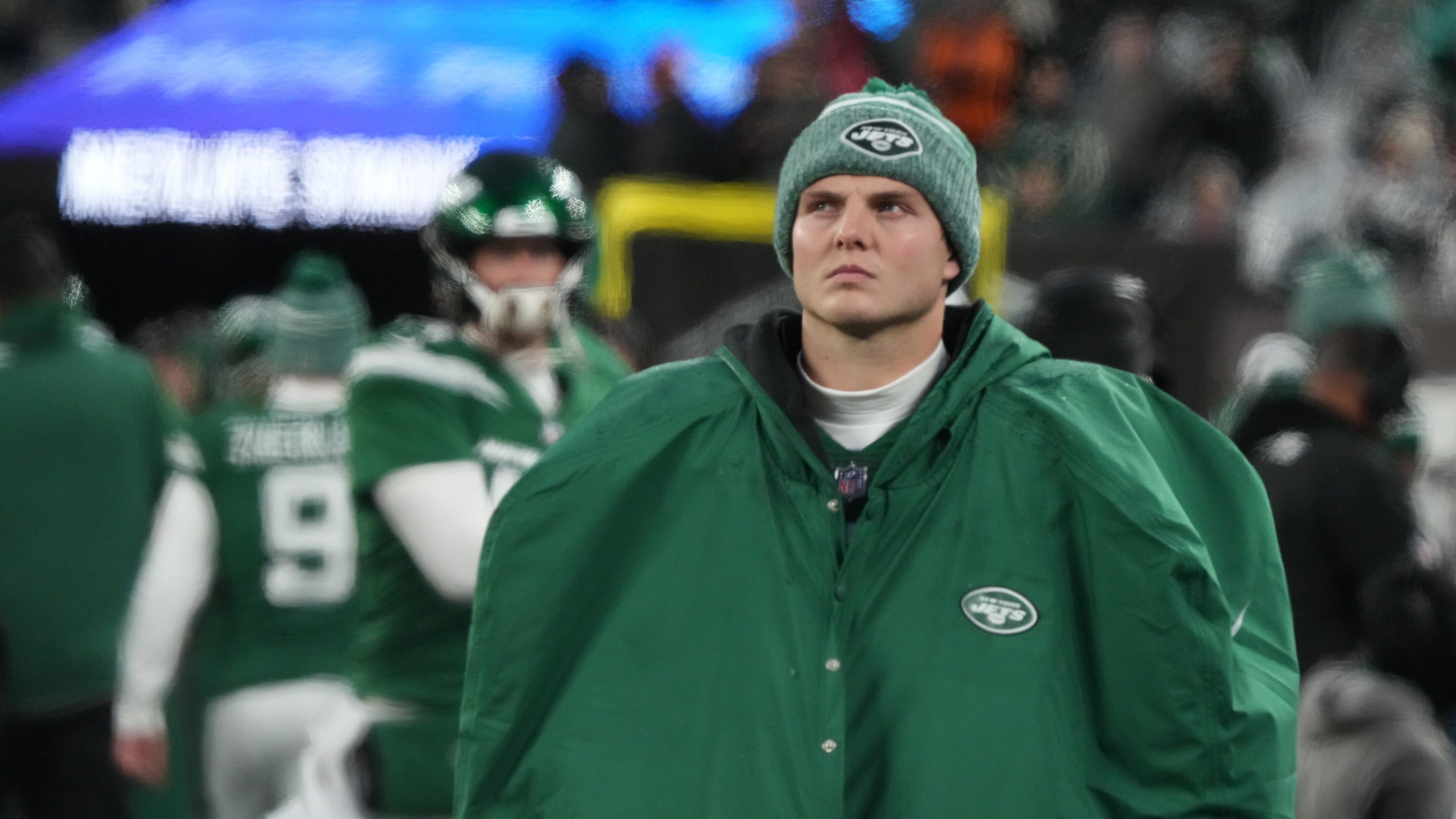 Zach Wilson of the Jets on the sidelines, late in the second half. The Atlanta Falcons topped the NY Jets 13-8 at MetLife Stadium on December 3, 2023 in East Rutherford, NJ.