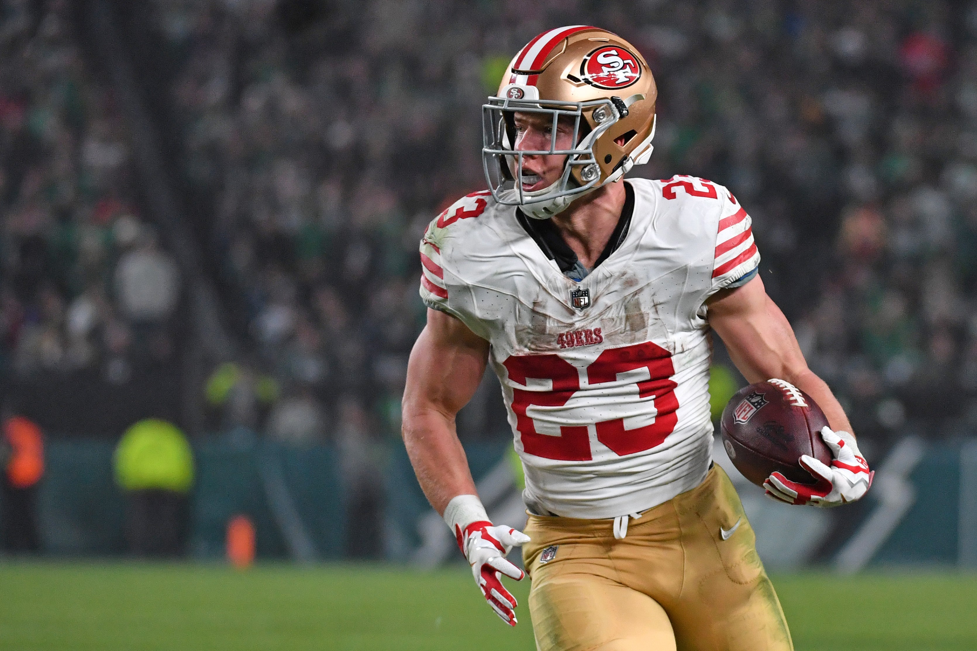 Dec 3, 2023; Philadelphia, Pennsylvania, USA; San Francisco 49ers running back Christian McCaffrey (23) makes a catch against the Philadelphia Eagles during the third quarter at Lincoln Financial Field.