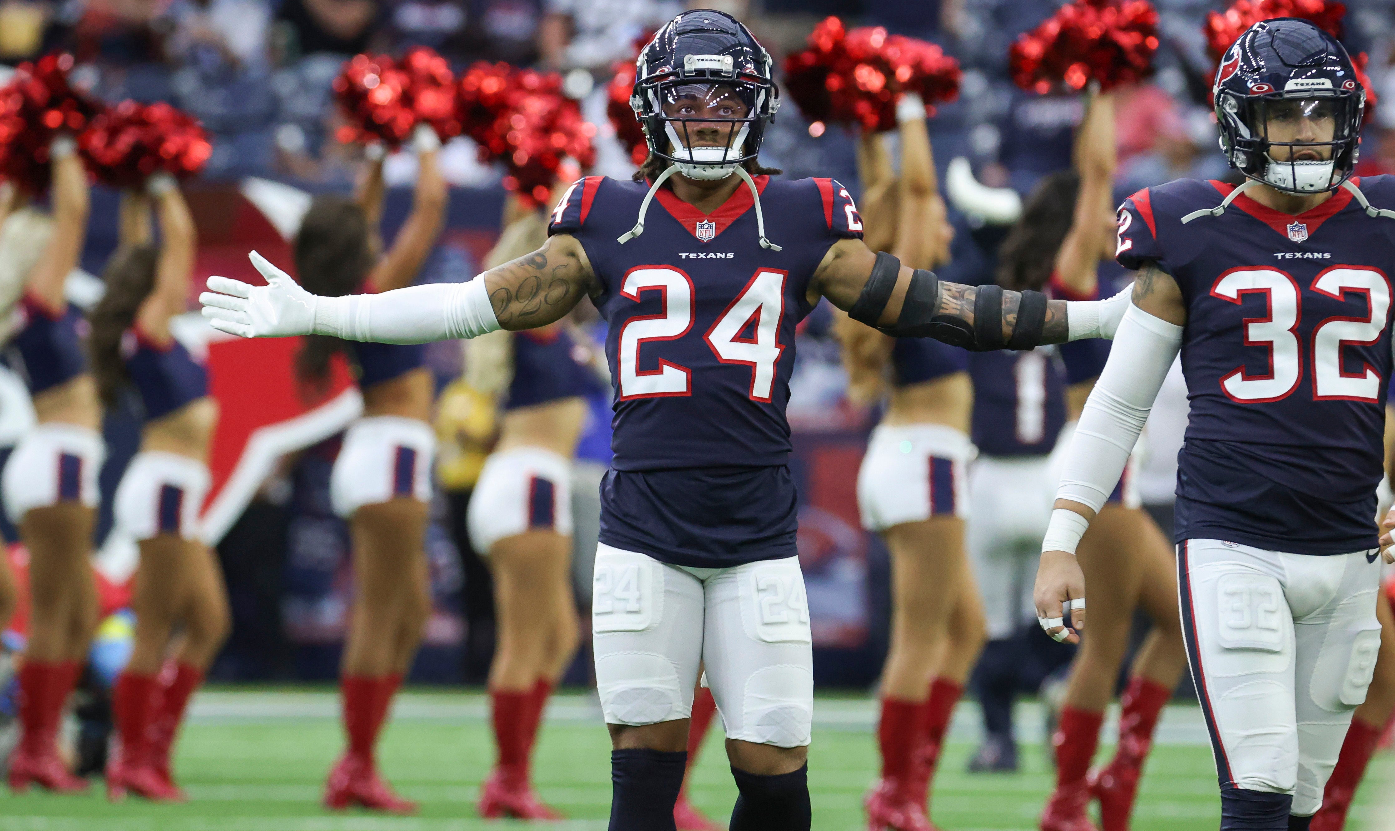 Oct 30, 2022; Houston, Texas, USA; Houston Texans cornerback Derek Stingley Jr. (24) on the field before the game against the Tennessee Titans at NRG Stadium.