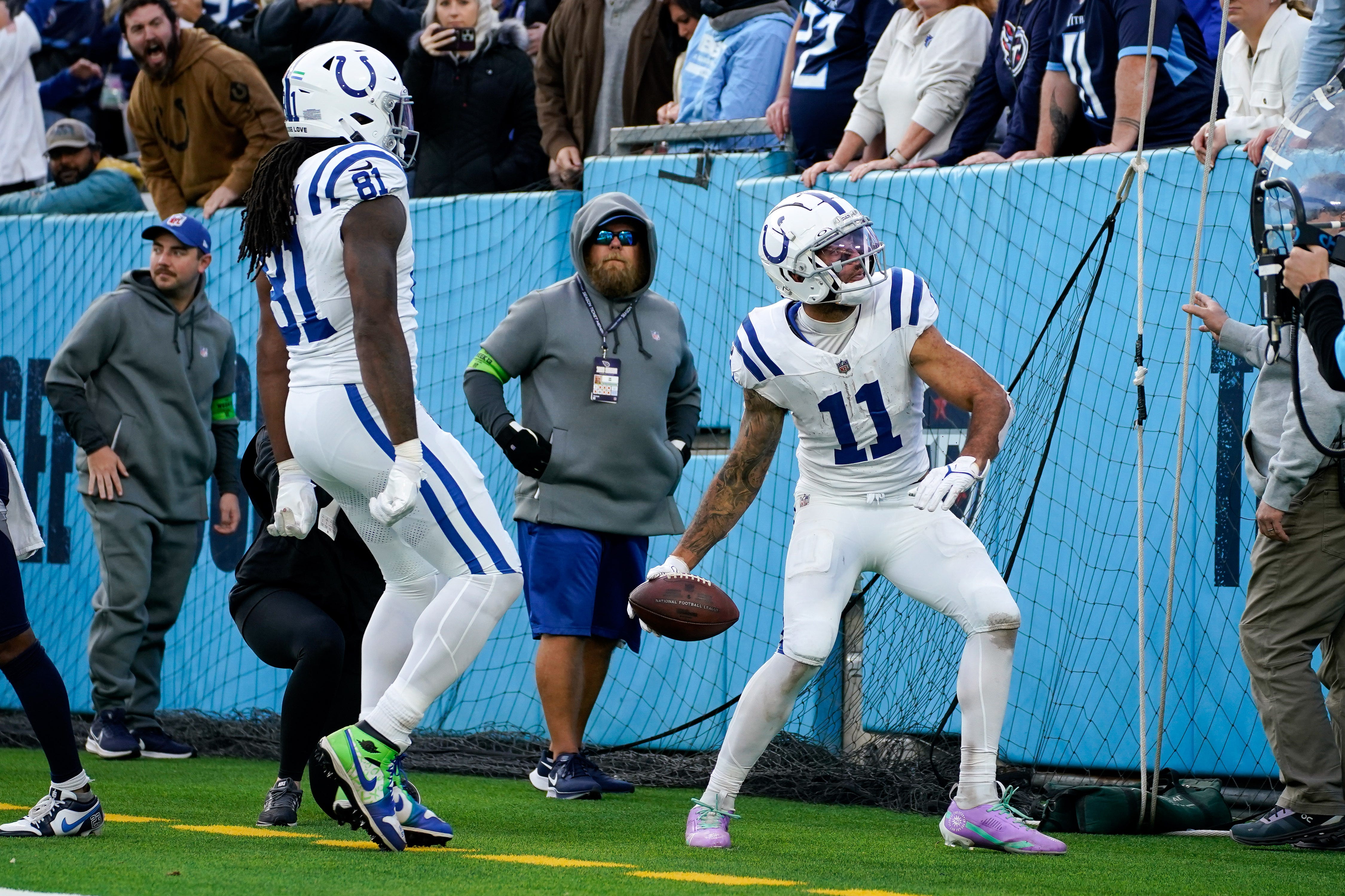 Indianapolis Colts wide receiver Michael Pittman Jr. (11) scores the game winning touchdown against the Tennessee Titans in overtime at Nissan Stadium in Nashville, Tenn., Sunday, Dec. 3, 2023.
