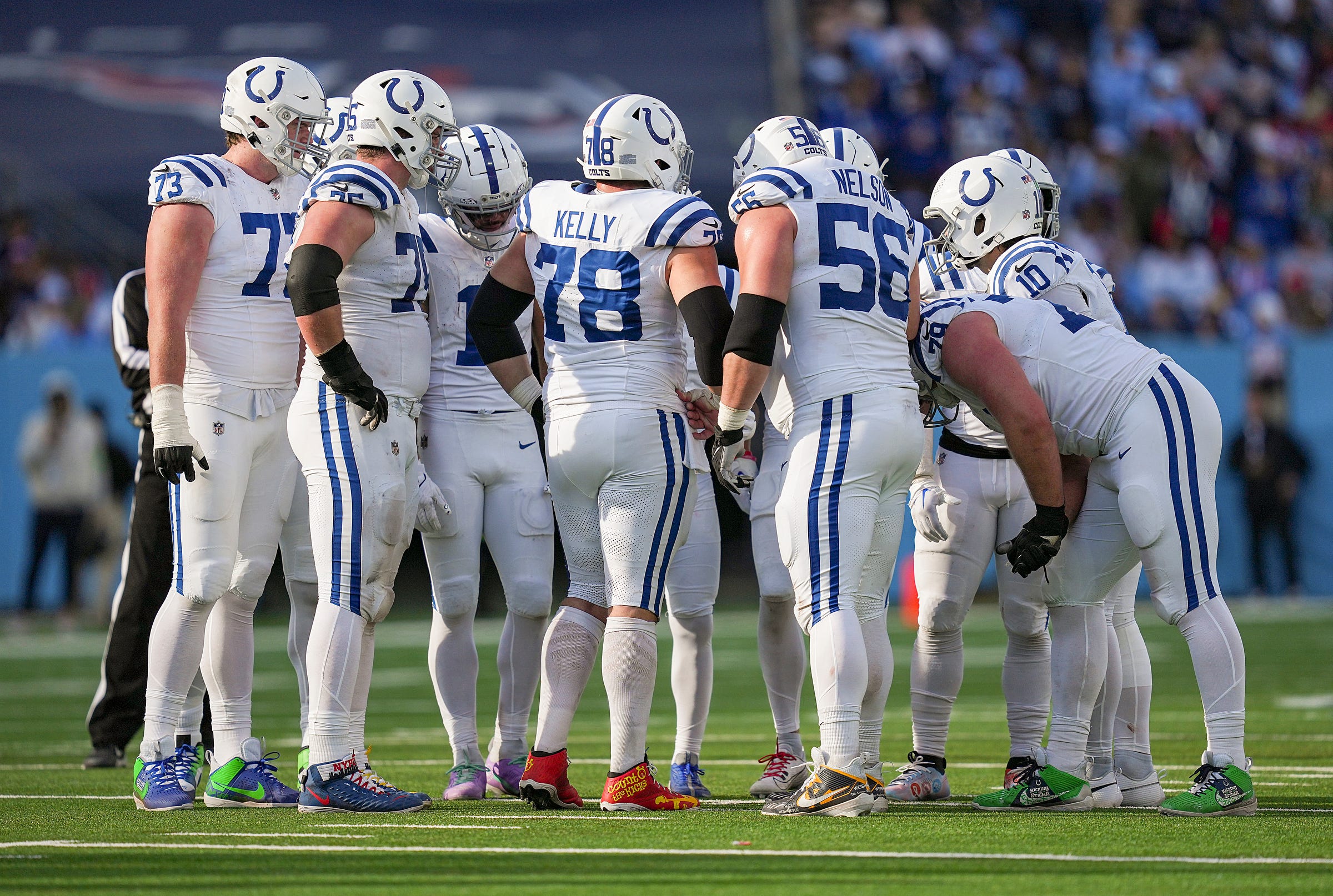 The Indianapolis Colts offensive line gathers before a play Sunday, Dec. 3, 2023, during a game against the Tennessee Titans at Nissan Stadium in Nashville, Tenn.