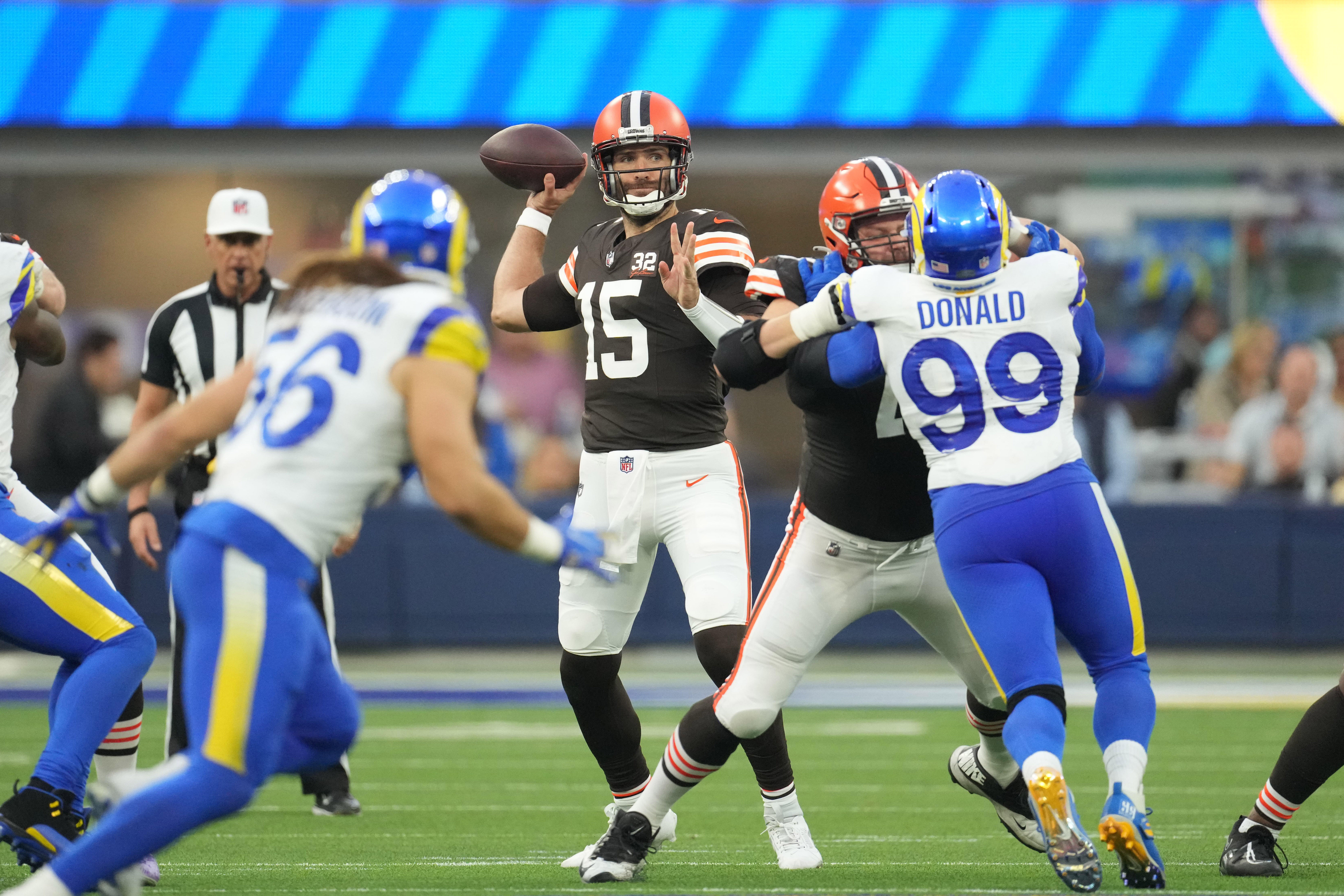 Dec 3, 2023; Inglewood, California, USA; Cleveland Browns quarterback Joe Flacco (15) throws the ball against the Los Angeles Rams at SoFi Stadium. Mandatory Credit: Kirby Lee-USA TODAY Sports