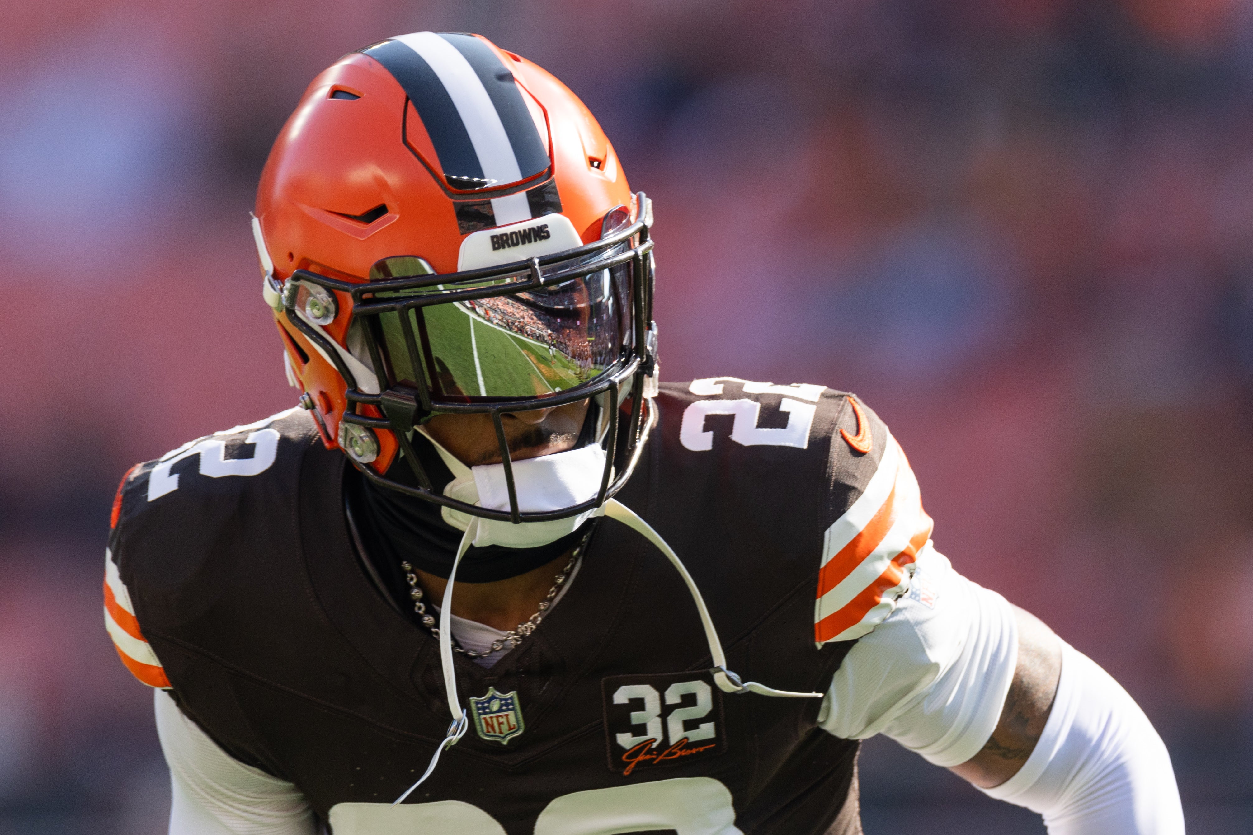 Nov 5, 2023; Cleveland, Ohio, USA; The field is reflected in the visor of Cleveland Browns safety Grant Delpit (22) during warm ups before the game against the Arizona Cardinals at Cleveland Browns Stadium. Mandatory Credit: Scott Galvin-USA TODAY Sports