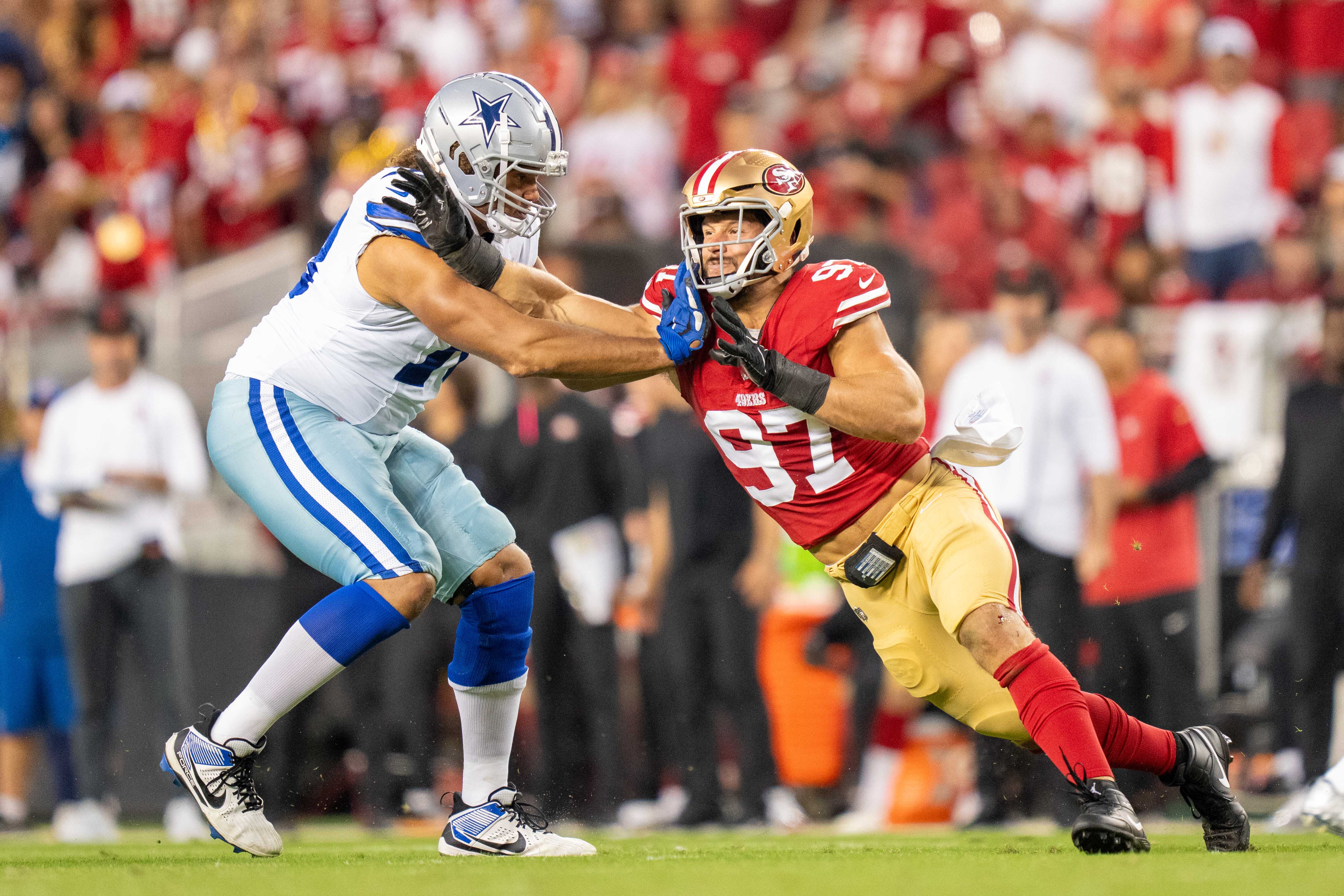 San Francisco 49ers defensive end Nick Bosa (97) rushes Dallas Cowboys offensive tackle Terence Steele (78) during the second quarter at Levi's Stadium.