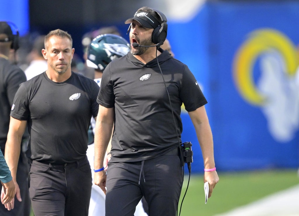 Philadelphia Eagles head coach Nick Sirianni reacts on the sidelines in the second half against the Los Angeles Rams at SoFi Stadium.
