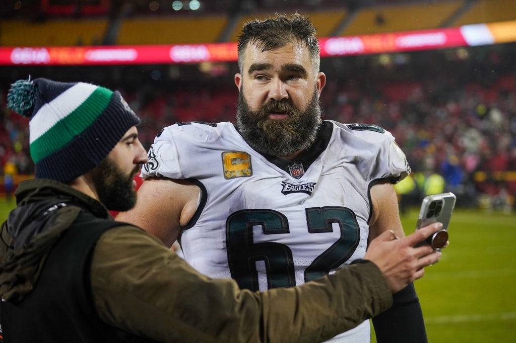 Philadelphia Eagles center Jason Kelce (speaks with ESPN's Mike Powers after the win over the Kansas City Chiefs at GEHA Field at Arrowhead Stadium.