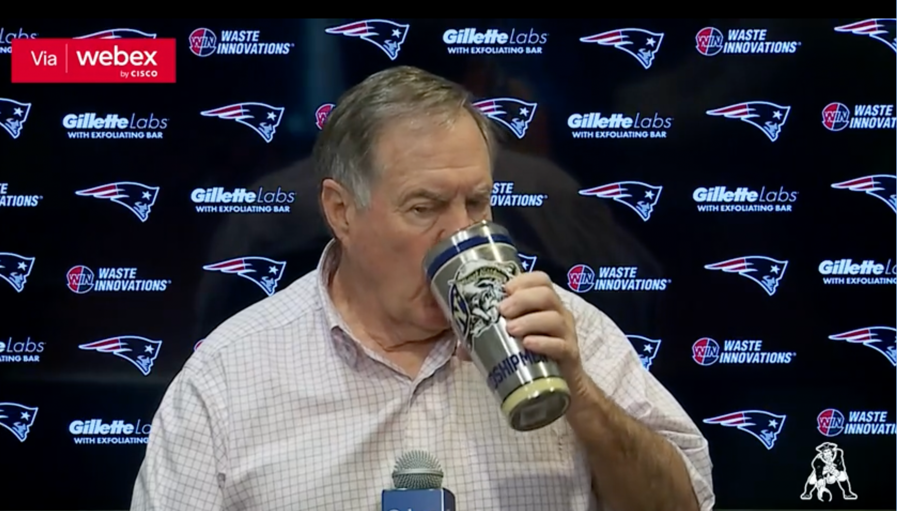 Bill Belichick Press Conference, drinking from Navy football cup