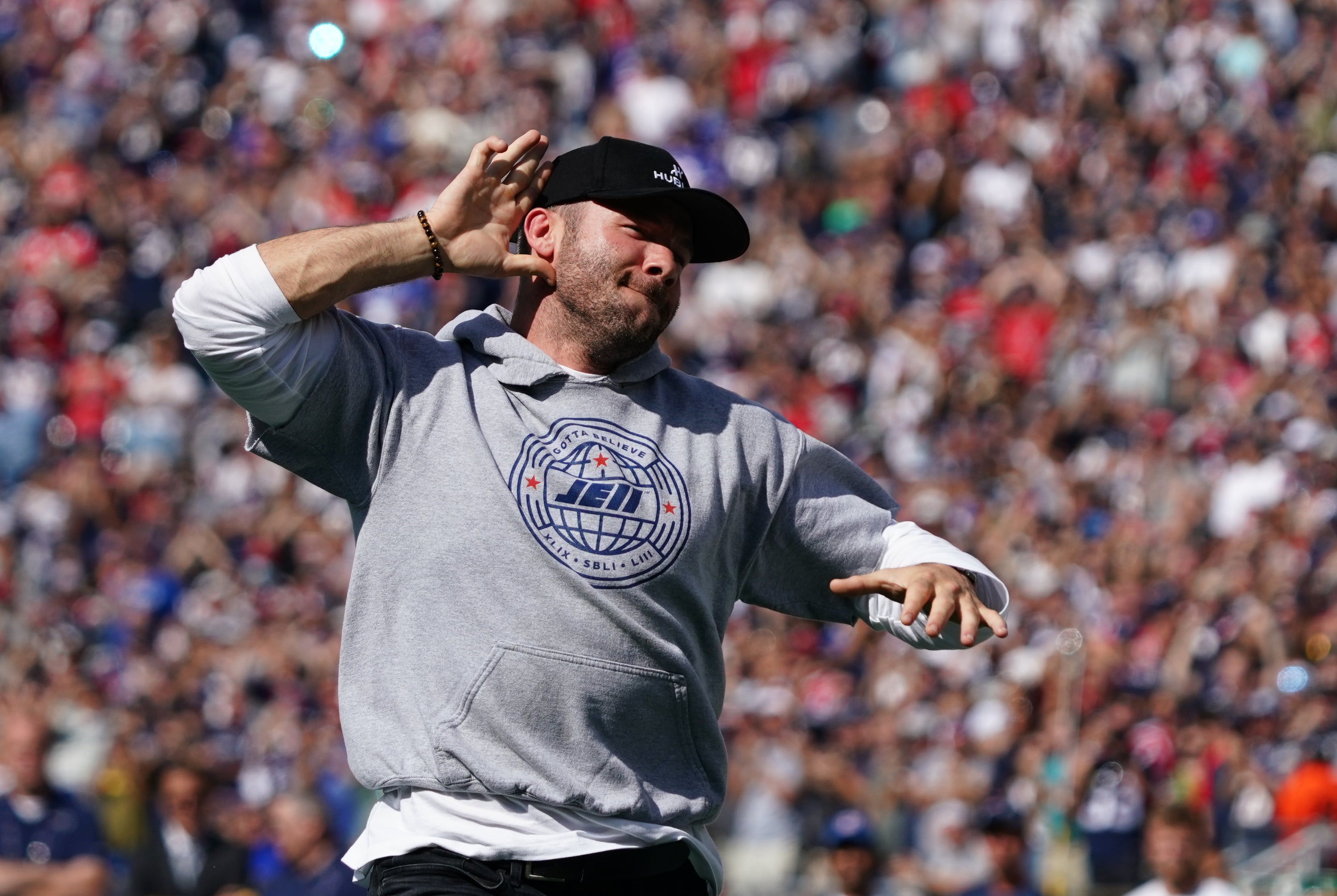Former New England Patriots Julian Edelman is honored during halftime against the New Orleans Saints at Gillette Stadium