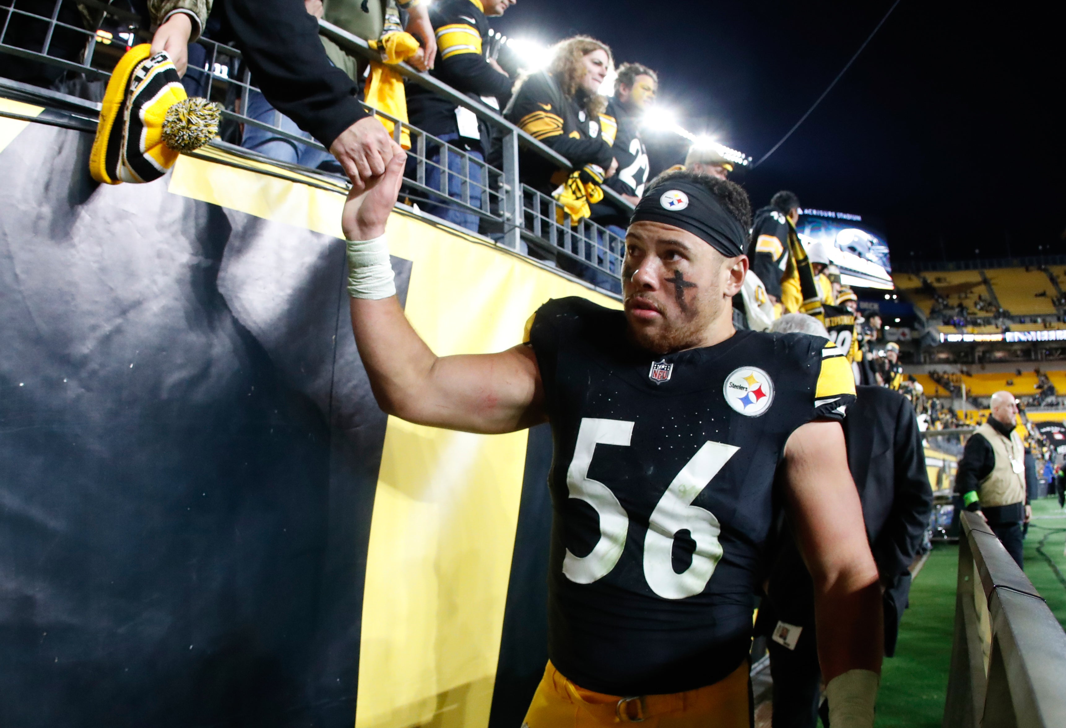 Nov 2, 2023; Pittsburgh, Pennsylvania, USA; Pittsburgh Steelers linebacker Alex Highsmith (56) greets fans after defeating the Tennessee Titans at Acrisure Stadium. Mandatory Credit: Charles LeClaire-USA TODAY Sports  