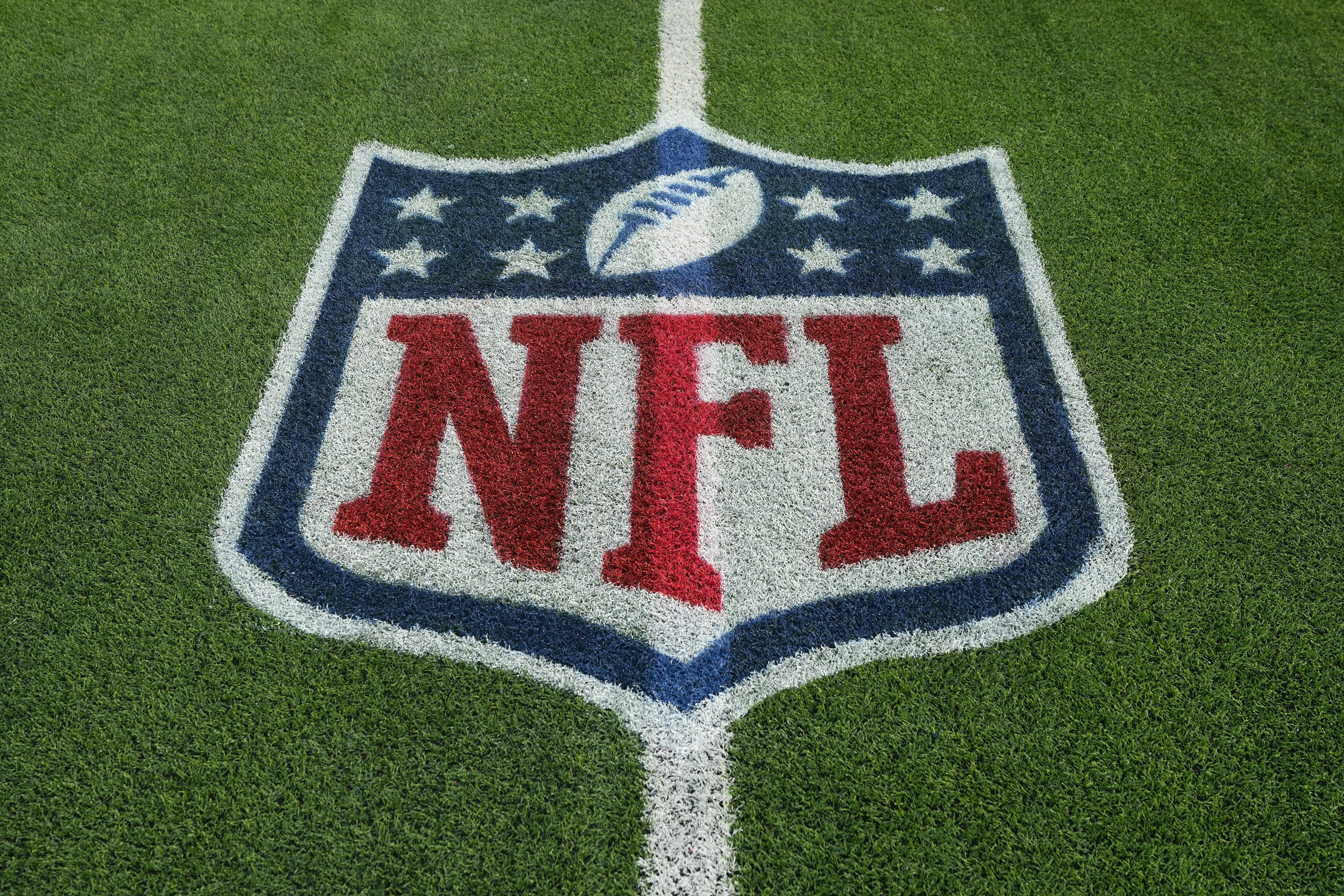 Dec 3, 2023; Inglewood, California, USA; The NFL shield logo on the field at SoFi Stadium.