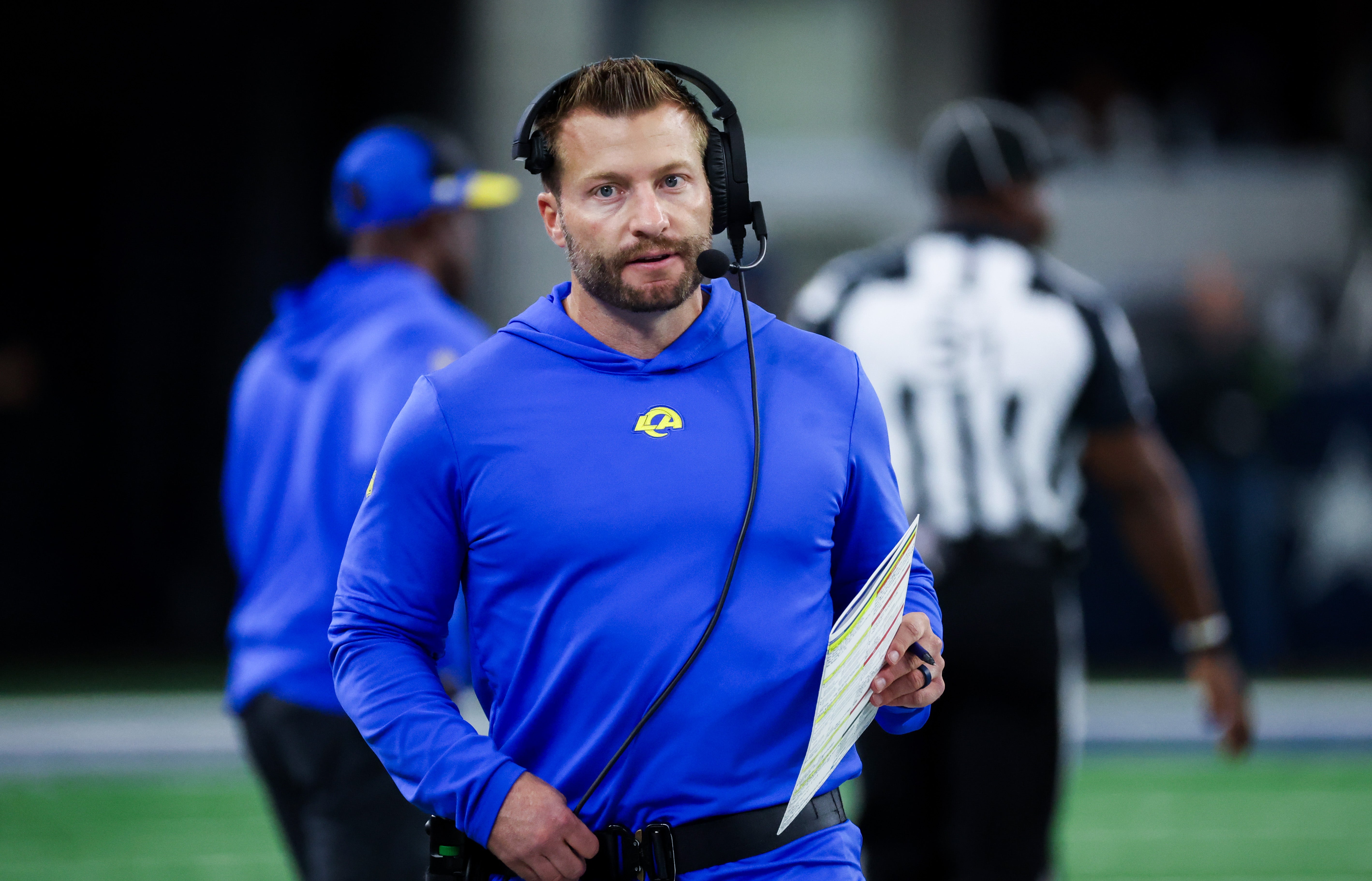 Oct 29, 2023; Arlington, Texas, USA; Los Angeles Rams head coach Sean McVay during the second half against the Dallas Cowboys at AT&T Stadium. Mandatory Credit: Kevin Jairaj-USA TODAY Sports