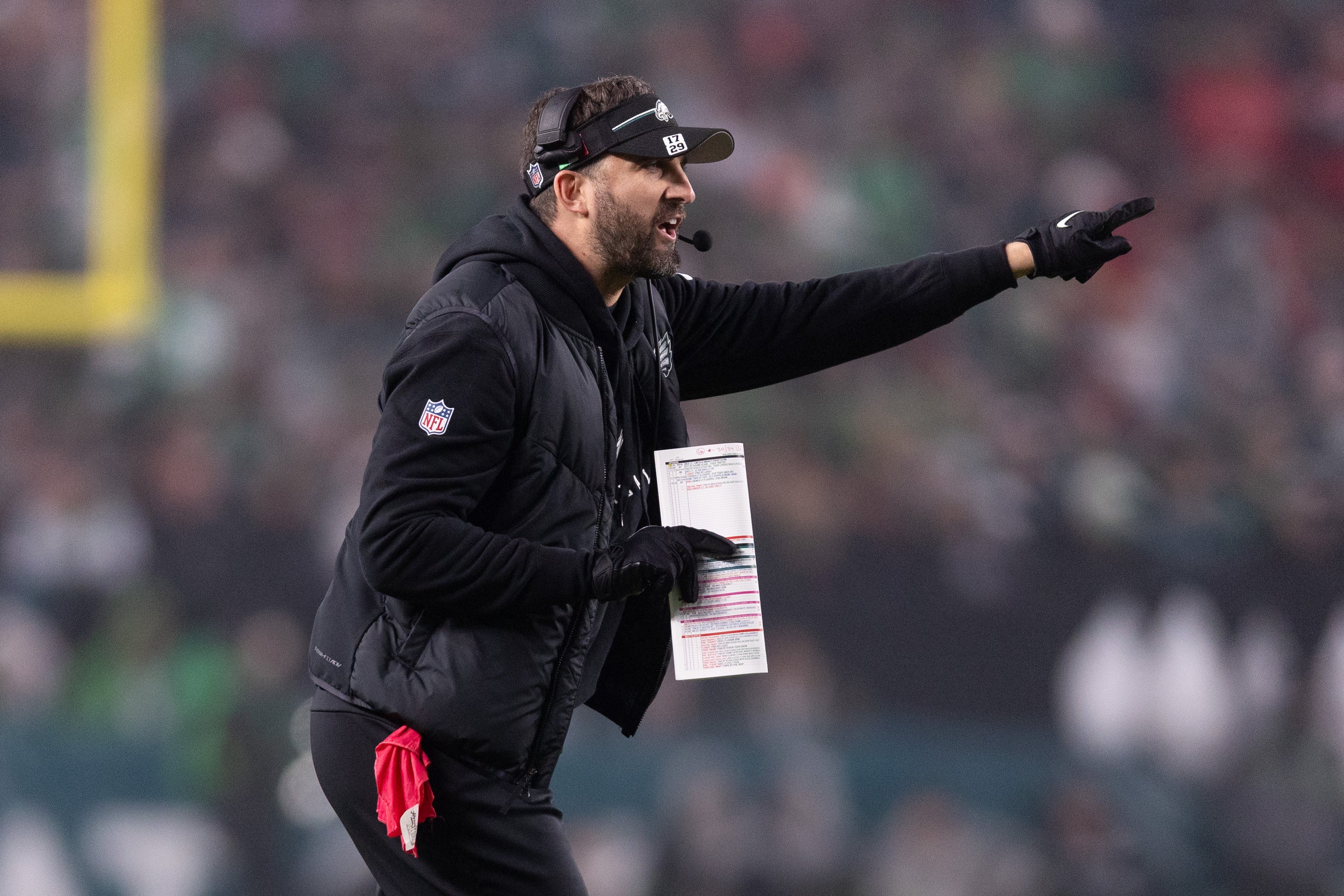 Philadelphia Eagles head coach Nick Sirianni reacts during the first quarter against the San Francisco 49ers at Lincoln Financial Field.