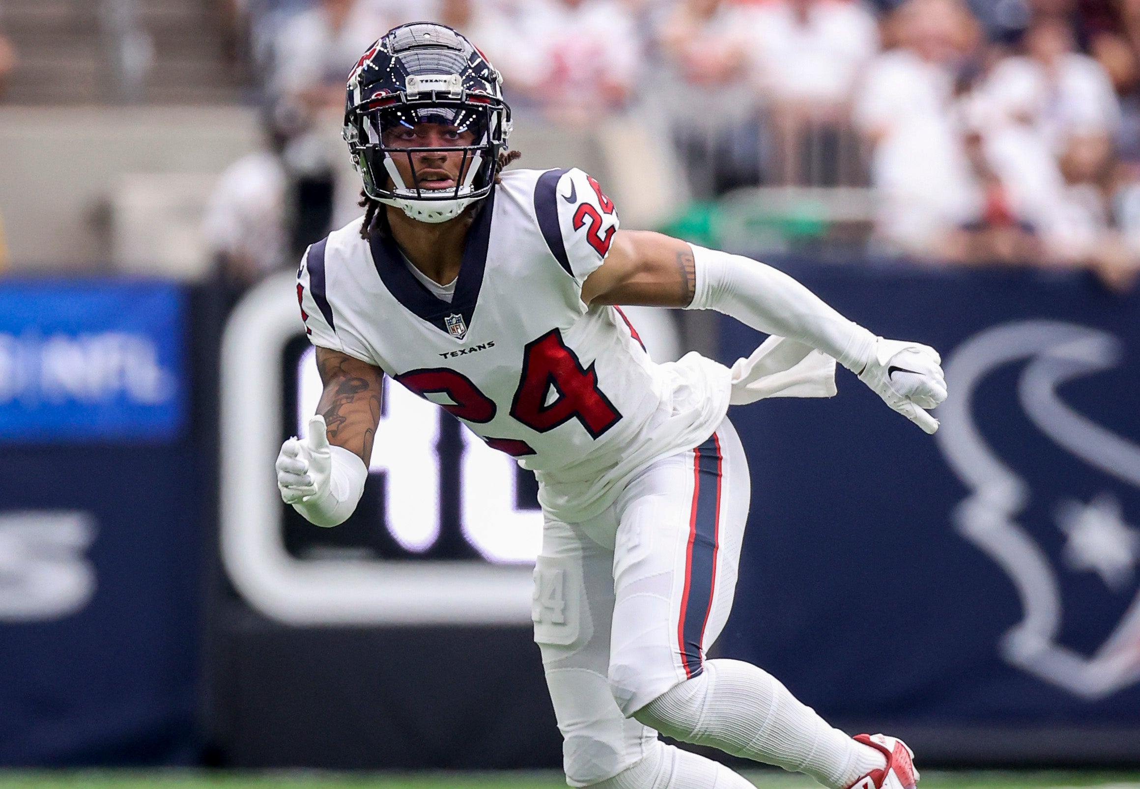 Sep 11, 2022; Houston, Texas, USA; Houston Texans cornerback Derek Stingley Jr. (24) in action during the game against the Indianapolis Colts at NRG Stadium.