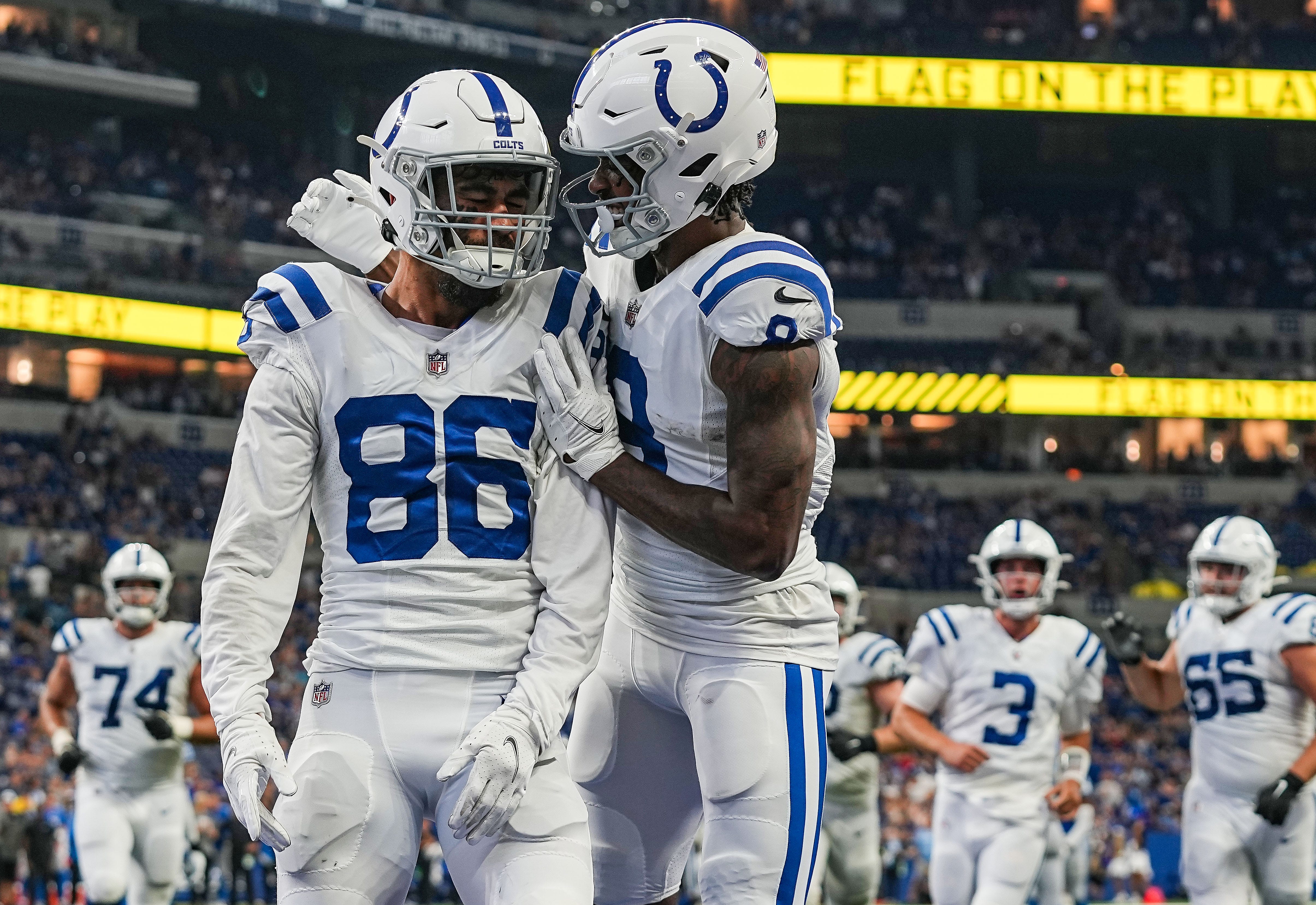 Indianapolis Colts wide receiver Samson Nacua (86) celebrates a touchdown with Indianapolis Colts wide receiver D.J. Montgomery (8) on Saturday, August 20, 2022 at Lucas Oil Stadium in Indianapolis. The Detroit Lions defeated the Indianapolis Colts, 27-26. NFL Detroit Lions At Indianapolis Colts