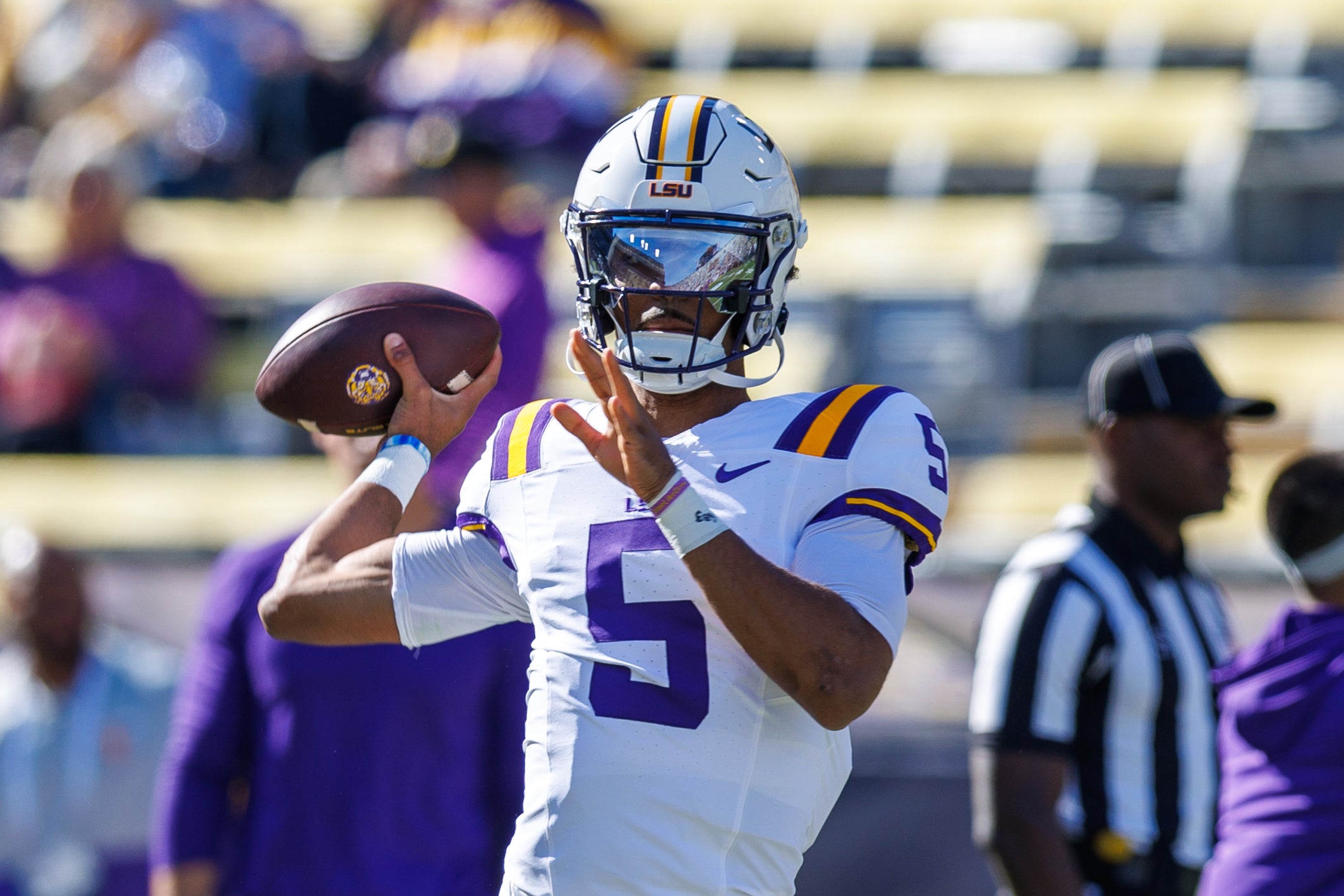 LSU Tigers quarterback Jayden Daniels during warmups before the game against the Texas A&M Aggies at Tiger Stadium.