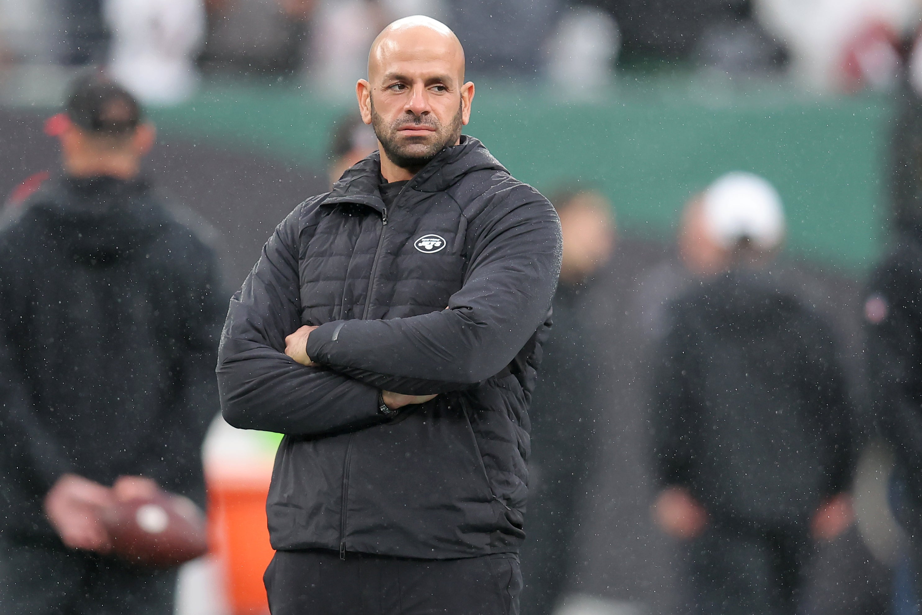 New York Jets head coach Robert Saleh watches his team warm up before a game against the Atlanta Falcons at MetLife Stadium.