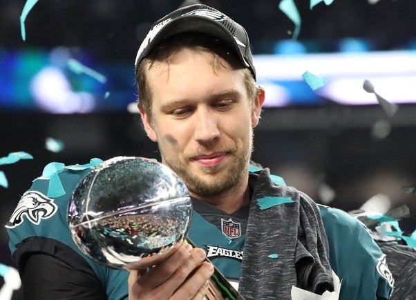 Philadelphia Eagles quarterback Nick Foles (9) holds the the Vince Lombardi Trophy after defeating the New England Patriots to win Super Bowl LII at U.S. Bank Stadium.