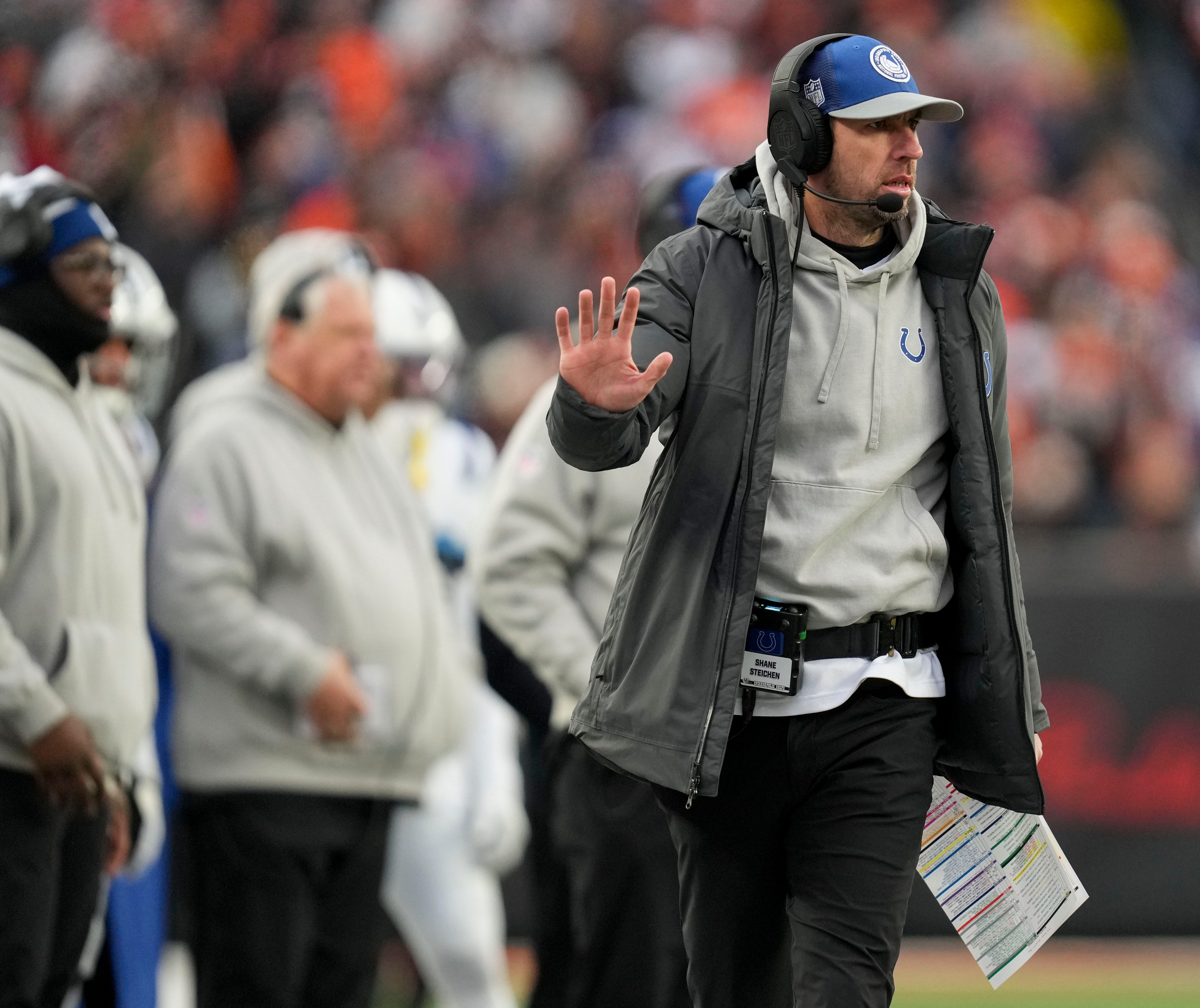 Indianapolis Colts head coach Shane Steichen watches the action on the field Sunday, Dec. 10, 2023, during a game against the Cincinnati Bengals at Paycor Stadium in Cincinnati.