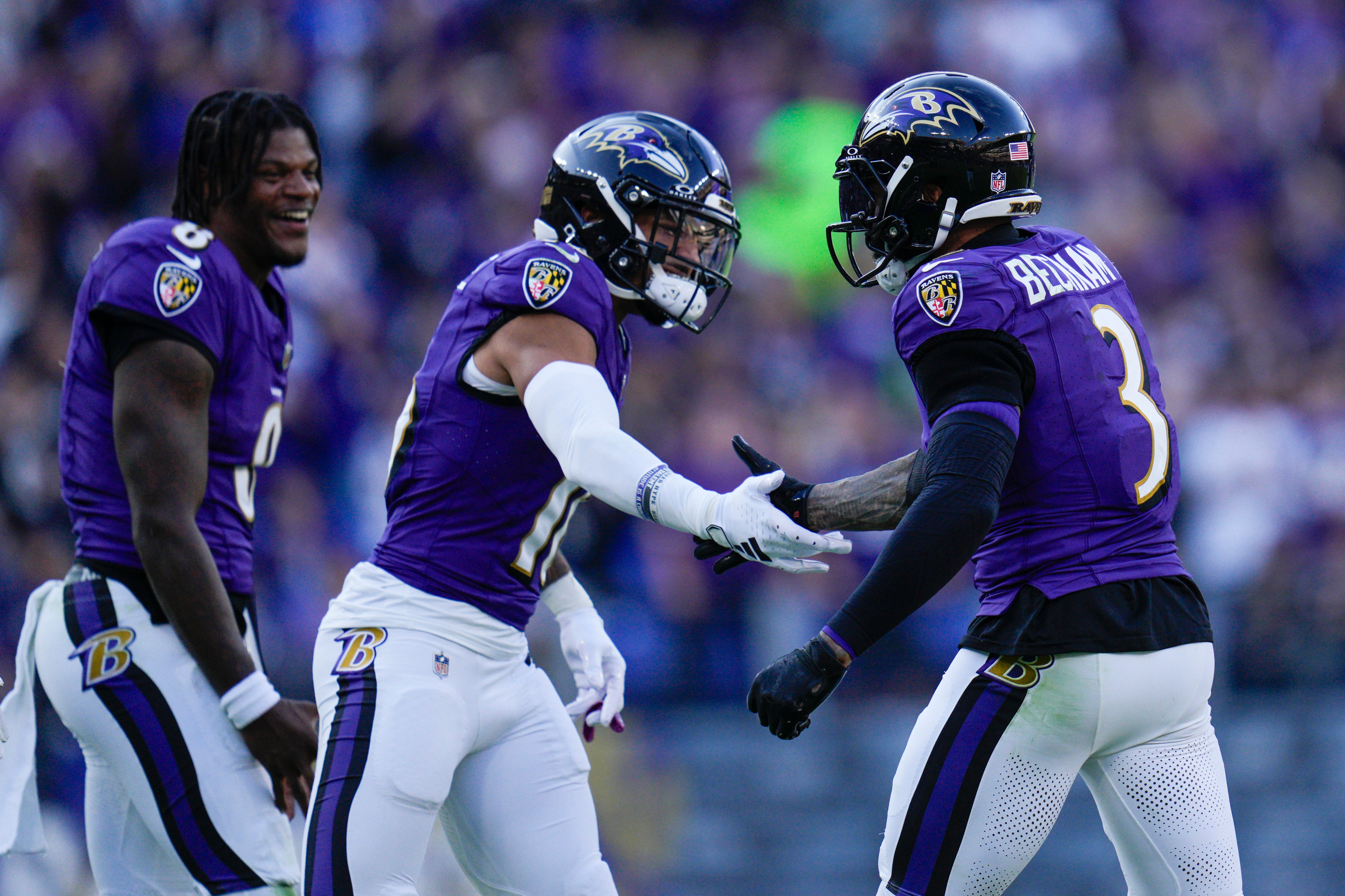 Baltimore Ravens wide receiver Odell Beckham Jr. (3) celebrates his touchdown against the Seattle Seahawks with wide receiver Tylan Wallace (16) during the fourth quarter at M&T Bank Stadium. Mandatory Credit: Jessica Rapfogel-USA TODAY Sports