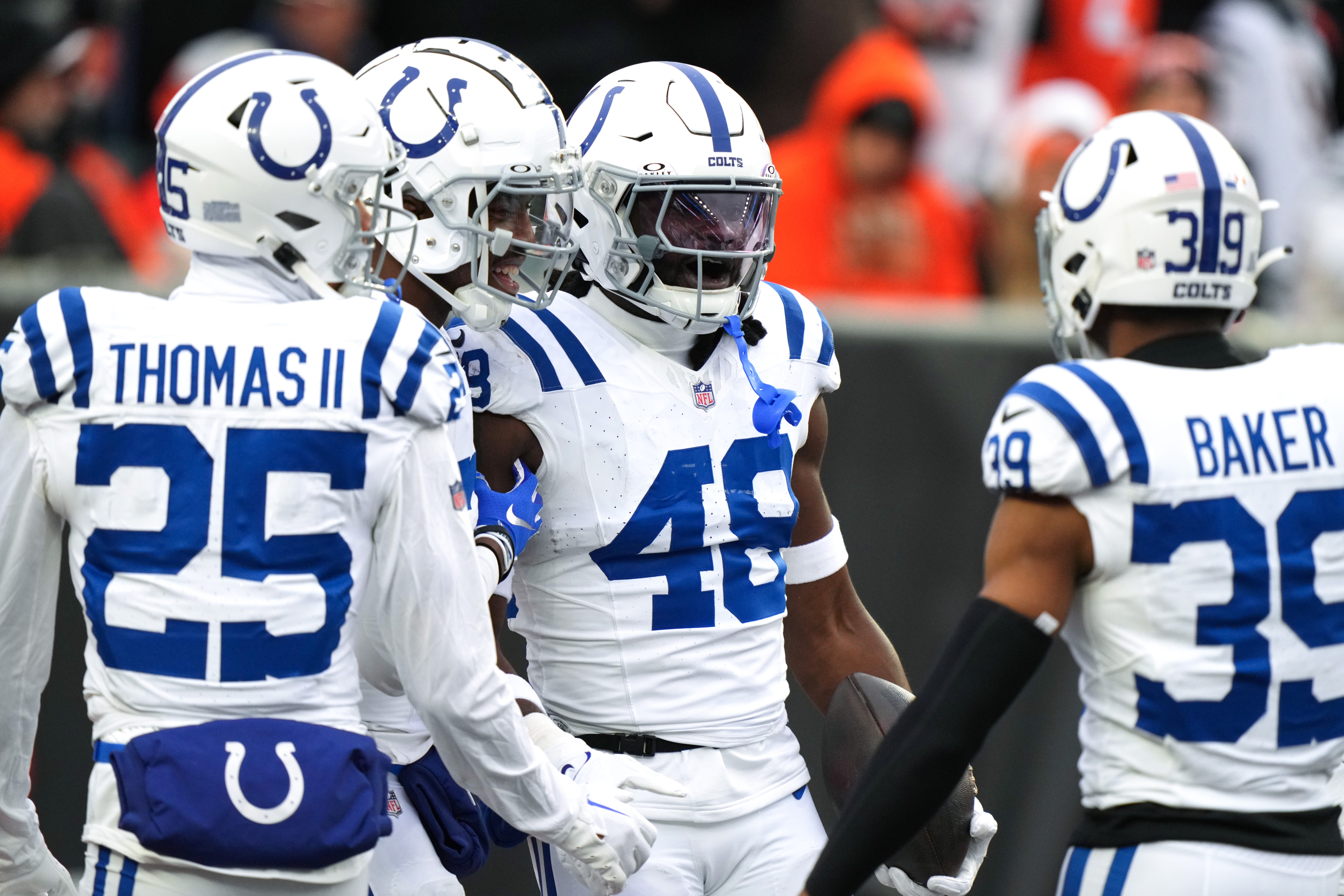 Indianapolis Colts safety Ronnie Harrison Jr. (48) is congratulated after returning an interception for a touchdown in the second quarter during a Week 14 NFL game between the Indianapolis Colts and the Cincinnati Bengals, Sunday, Dec. 10, 2023, at Paycor Stadium in Cincinnati.