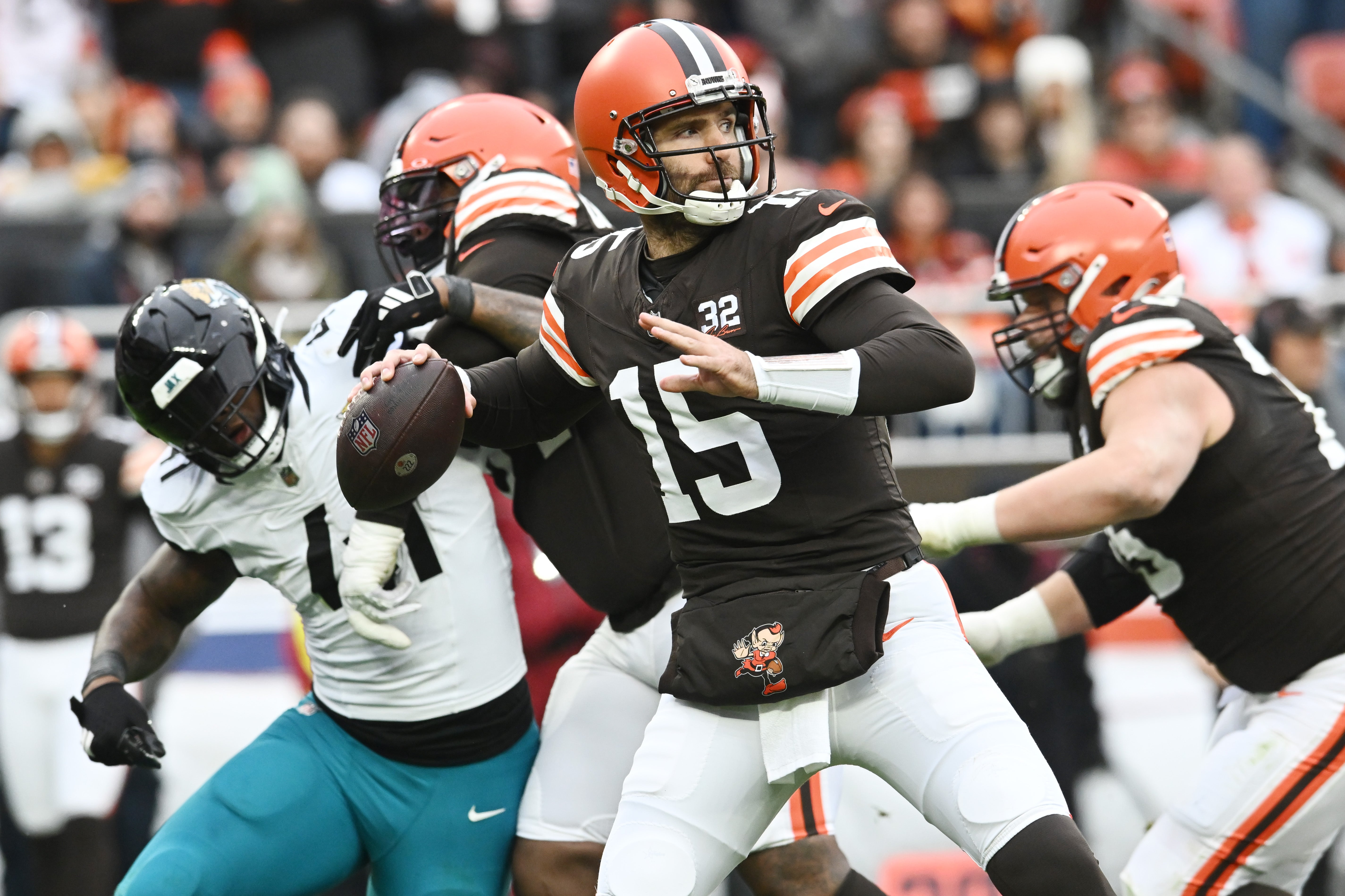 Dec 10, 2023; Cleveland, Ohio, USA; Cleveland Browns quarterback Joe Flacco (15) throws a pass during the first half against the Jacksonville Jaguars at Cleveland Browns Stadium. Mandatory Credit: Ken Blaze-USA TODAY Sports