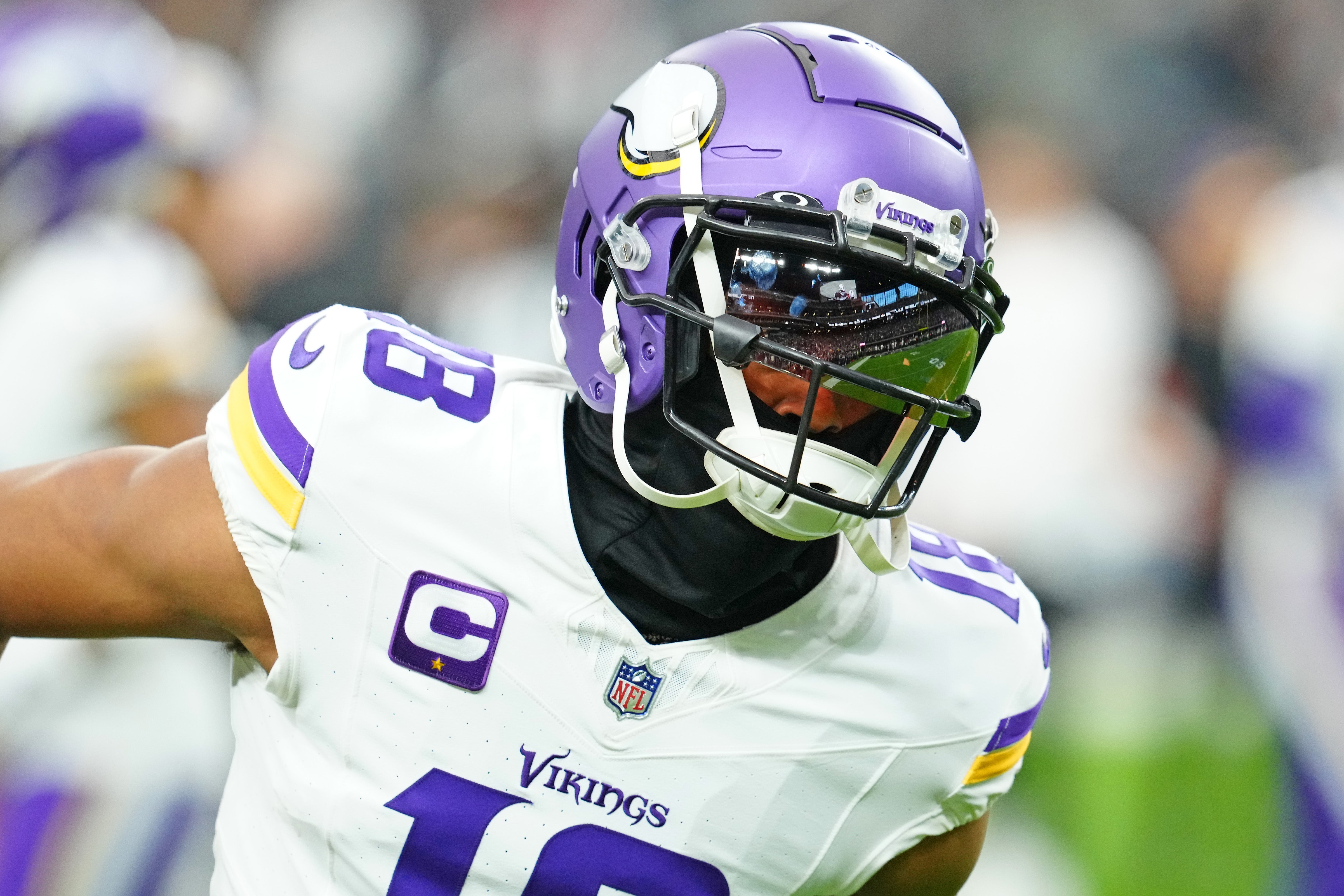 Minnesota Vikings wide receiver Justin Jefferson (18) warms up before a game against the Las Vegas Raiders at Allegiant Stadium.
