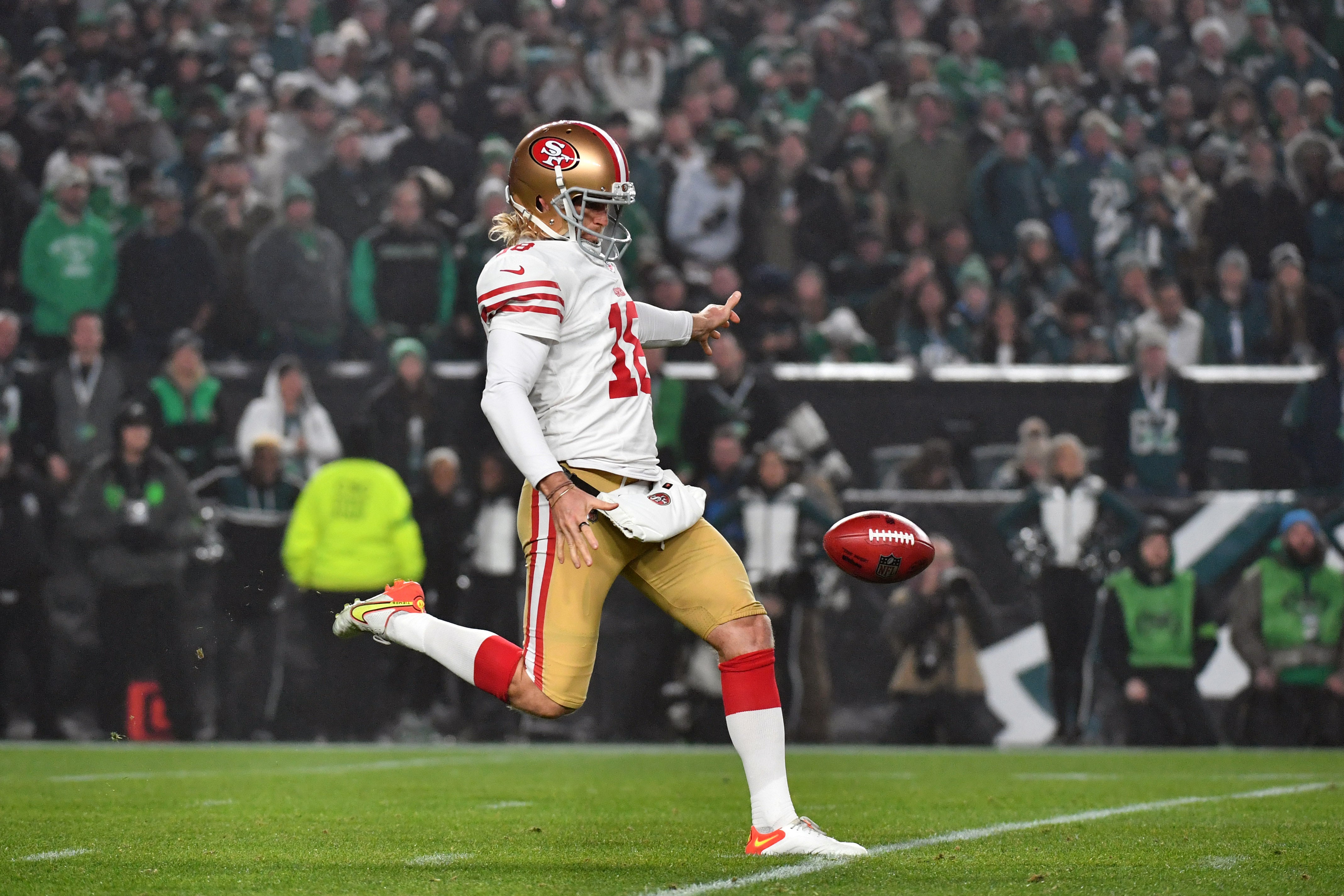 Dec 3, 2023; Philadelphia, Pennsylvania, USA; San Francisco 49ers punter Mitch Wishnowsky (18) against the Philadelphia Eagles at Lincoln Financial Field.