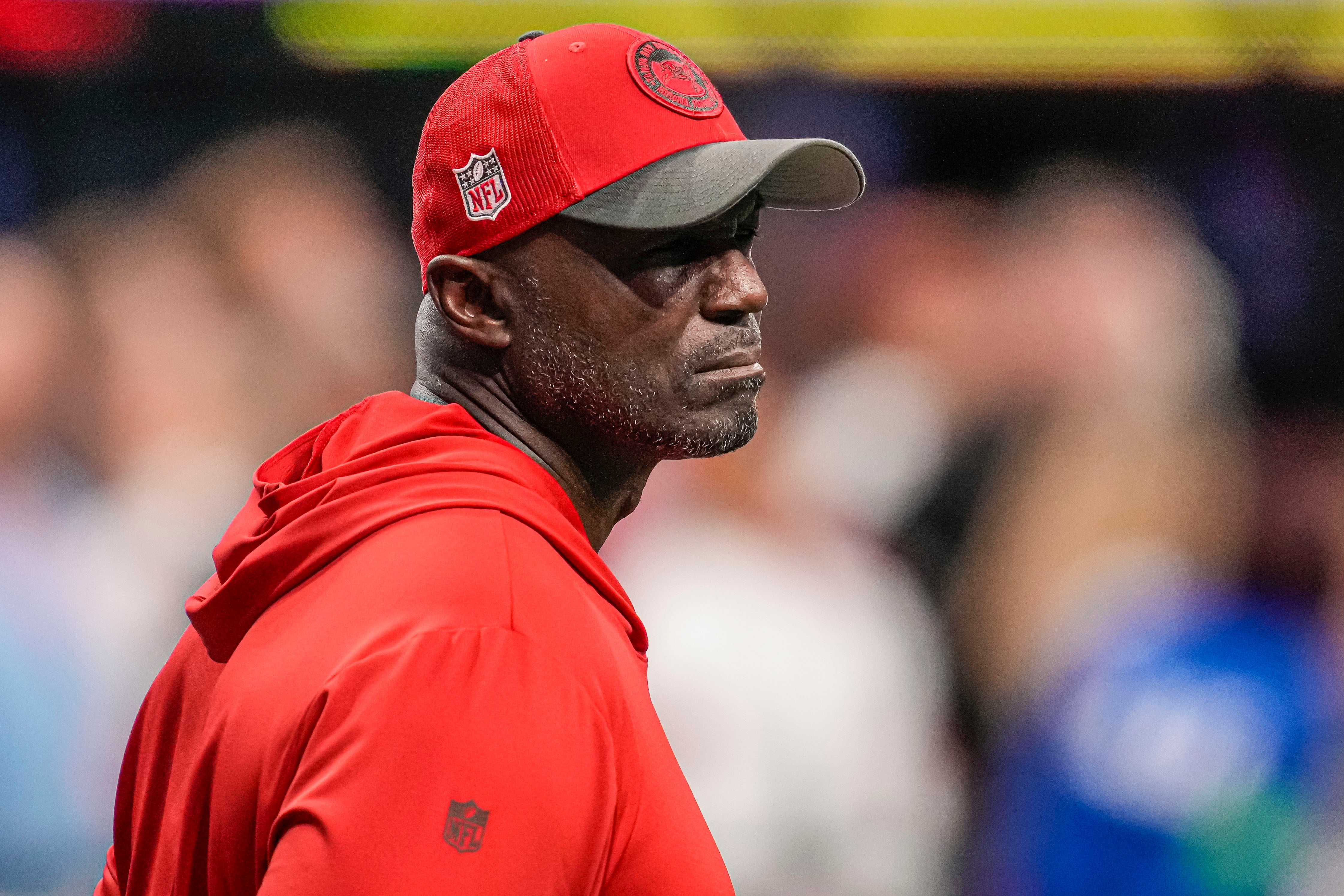 Dec 10, 2023; Atlanta, Georgia, USA; Tampa Bay Buccaneers head coach Todd Bowles on the field prior to the game against the Atlanta Falcons at Mercedes-Benz Stadium. Mandatory Credit: Dale Zanine-USA TODAY Sports