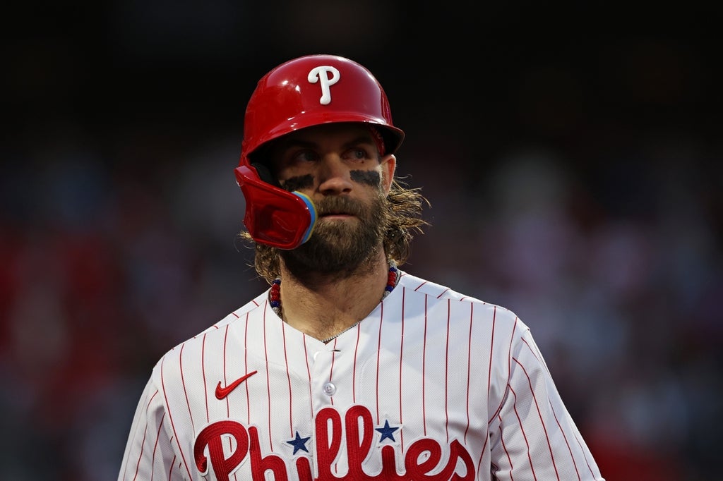 Philadelphia Phillies first baseman Bryce Harper (3) looks on during the second inning against the Arizona Diamondbacks in game six of the NLCS for the 2023 MLB playoffs at Citizens Bank Park.