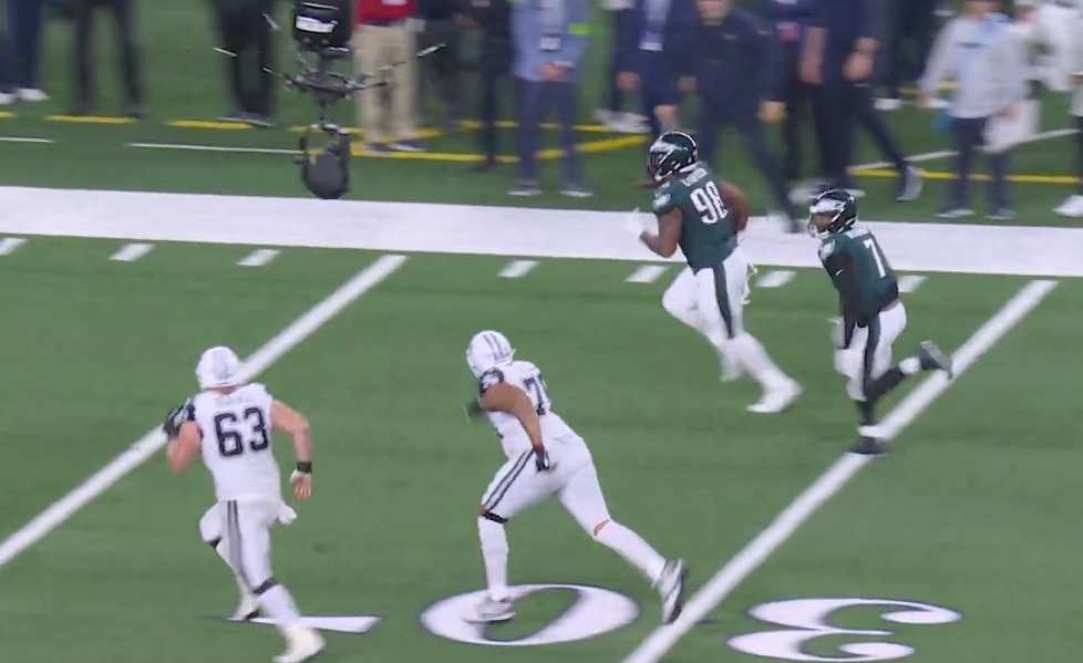 Philadelphia Eagles' rookie defensive tackle Jalen Carter returns a fumble for a touchdown vs. Cowboys.