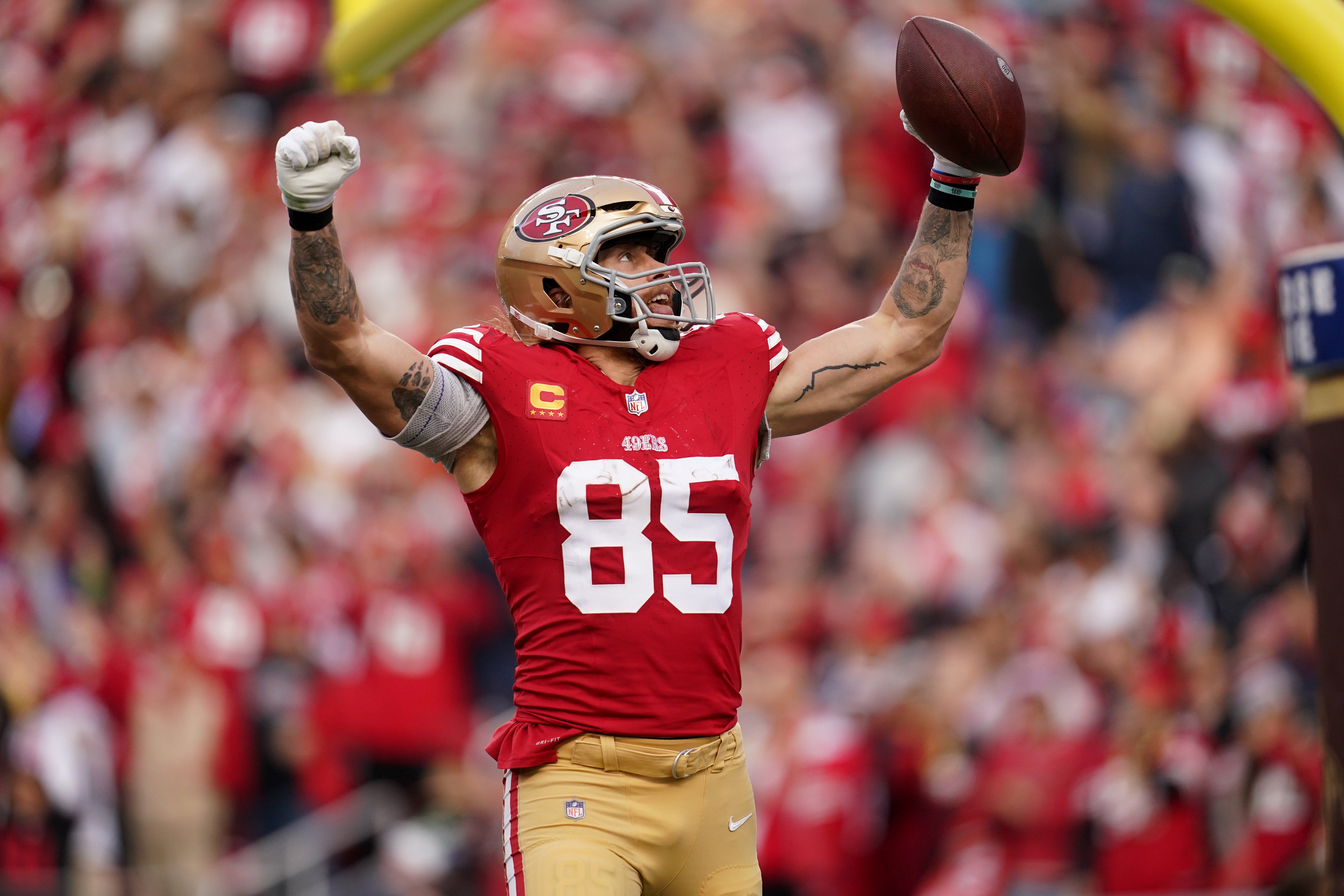 Dec 10, 2023; Santa Clara, California, USA; San Francisco 49ers tight end George Kittle (85) celebrates after scoring a touchdown against the Seattle Seahawks in the fourth quarter at Levi's Stadium.