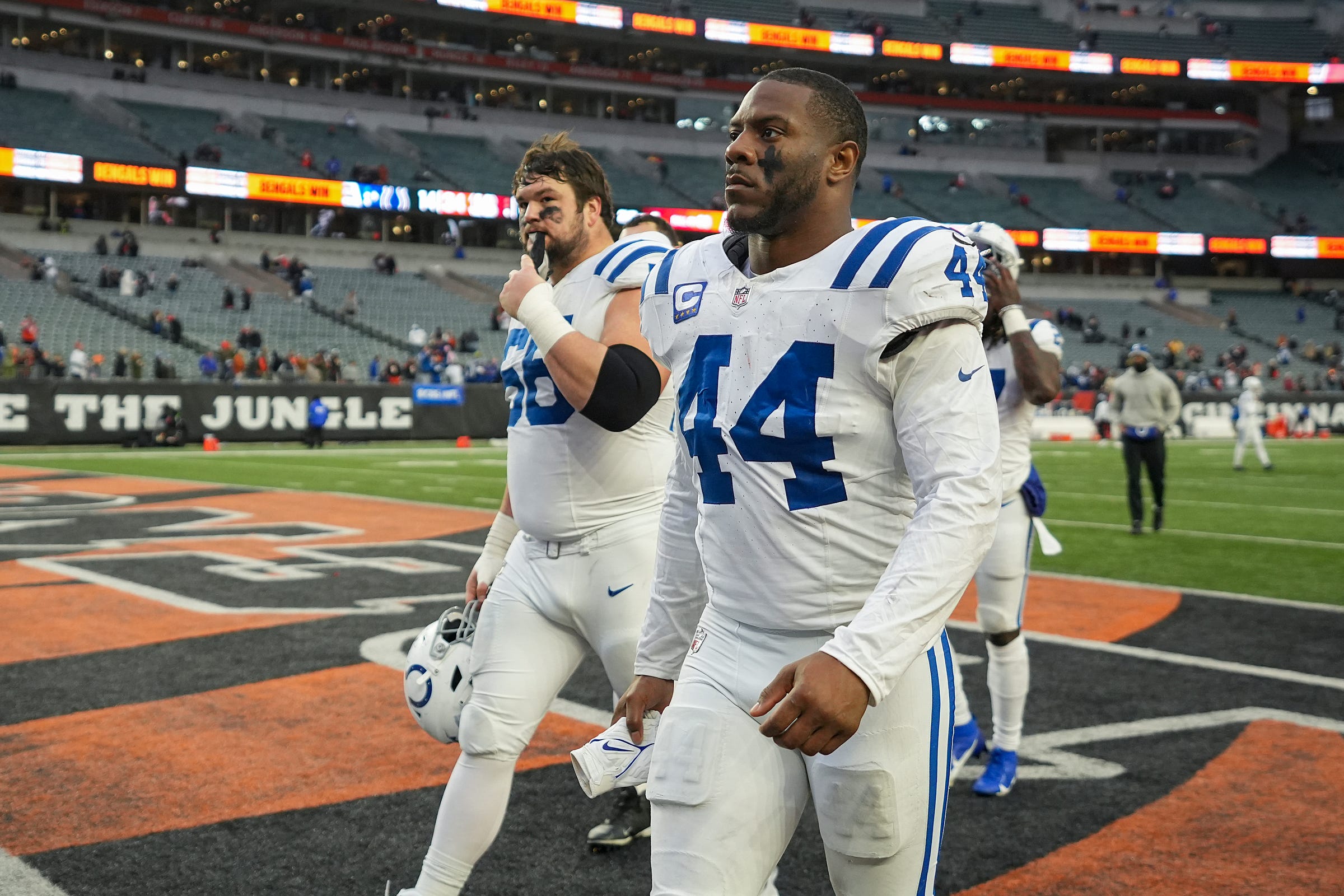 Indianapolis Colts guard Quenton Nelson (56) and linebacker Zaire Franklin (44) leave the field after losing to the Bengals on Sunday, Dec. 10, 2023, after Paycor Stadium in Cincinnati. The Colts lost, 14-34.