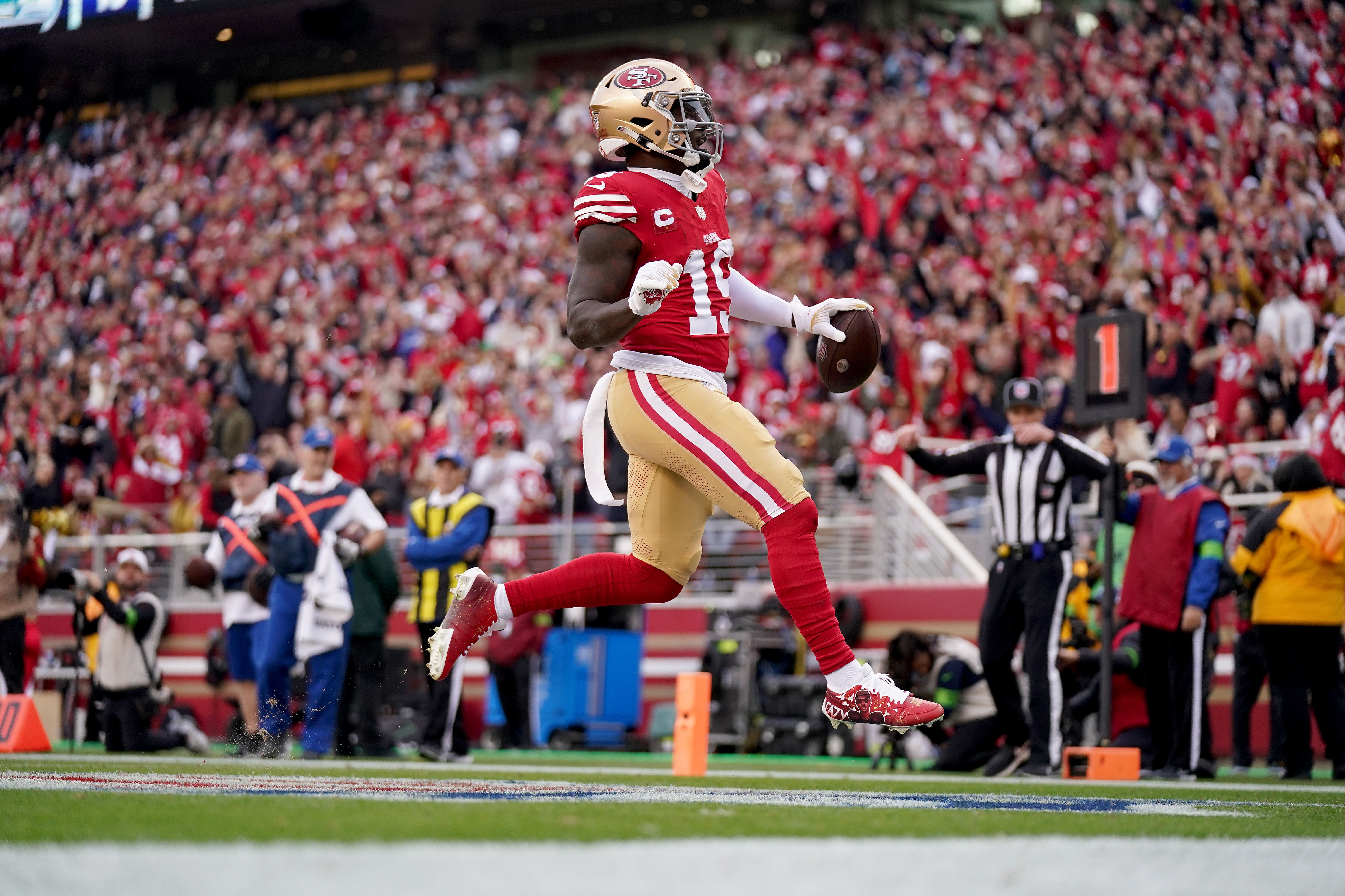 Dec 10, 2023; Santa Clara, California, USA; San Francisco 49ers wide receiver Deebo Samuel (19) runs for a touchdown against the Seattle Seahawks in the third quarter at Levi's Stadium.