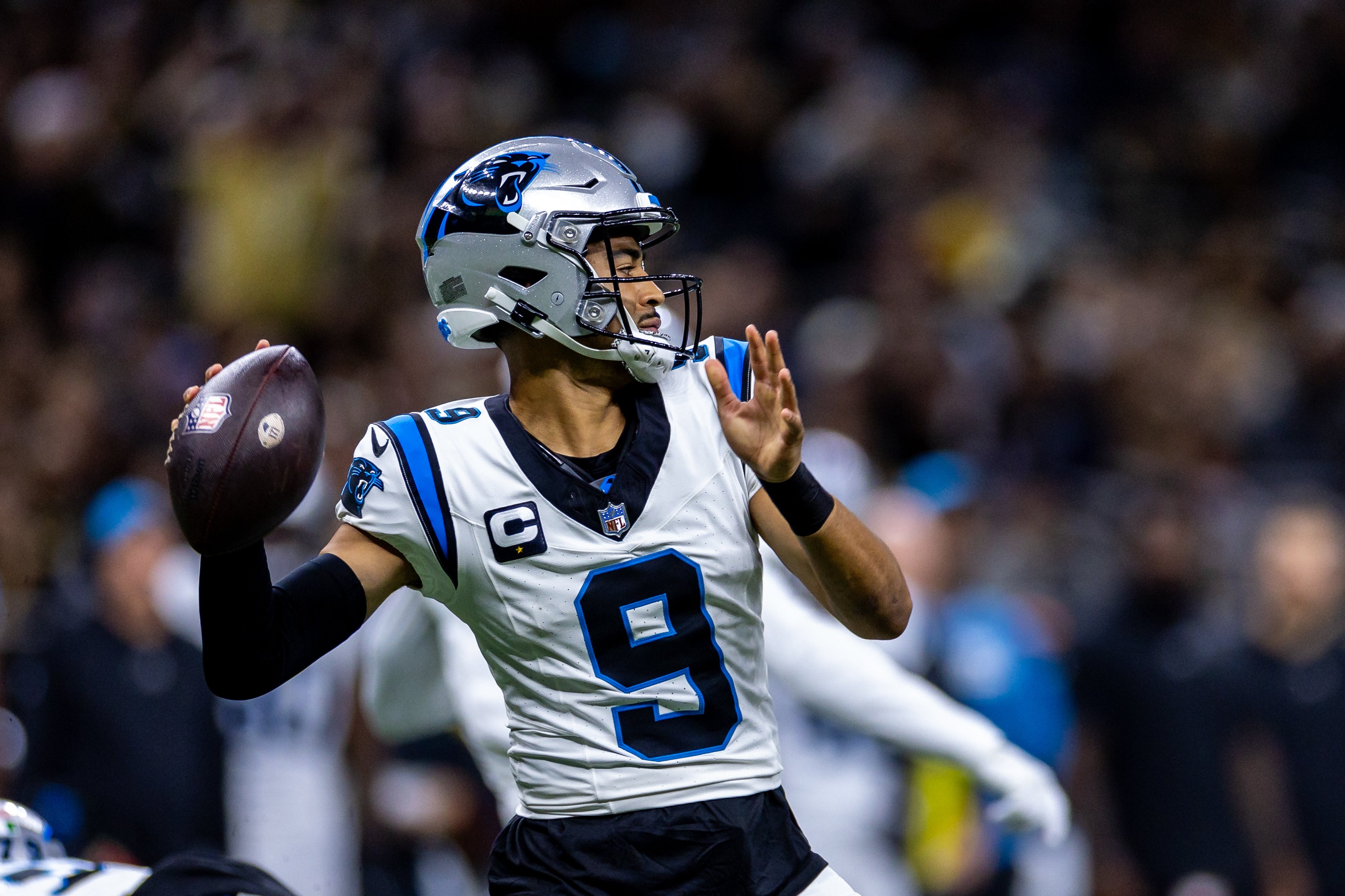Dec 10, 2023; New Orleans, Louisiana, USA; Carolina Panthers quarterback Bryce Young (9) drops back to pass against the New Orleans Saints during the first half at the Caesars Superdome. Mandatory Credit: Stephen Lew-USA TODAY Sports
