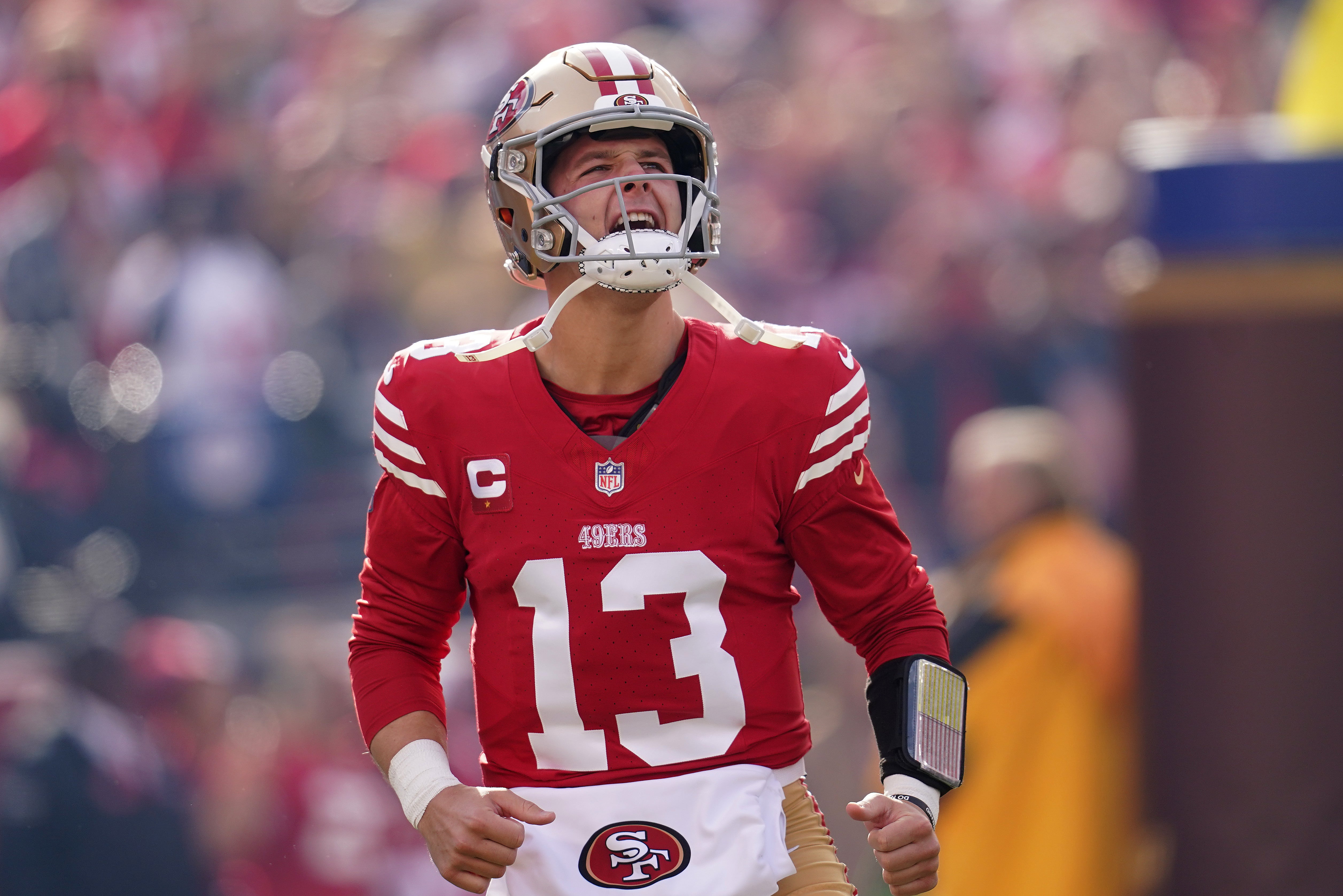 Dec 10, 2023; Santa Clara, California, USA; San Francisco 49ers quarterback Brock Purdy (13) is introduced before the start of the game against the Seattle Seahawks at Levi's Stadium.